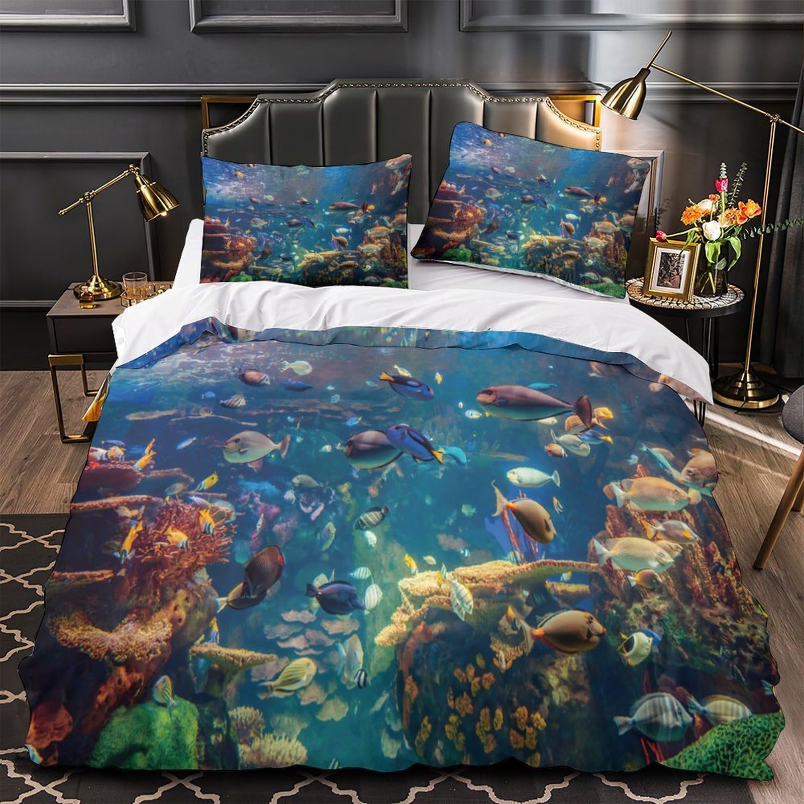 Housse de couette 135x200cm imprimé 3D océan microfibre résistante infroissable pour lit 1 personne