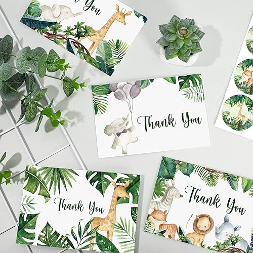 Miniatura 5 de AnyDesign Tarjetas de agradecimiento del bosque con sobres, calcomanías de safari selva, paquete de 30 tarjetas de felicitación de animales del