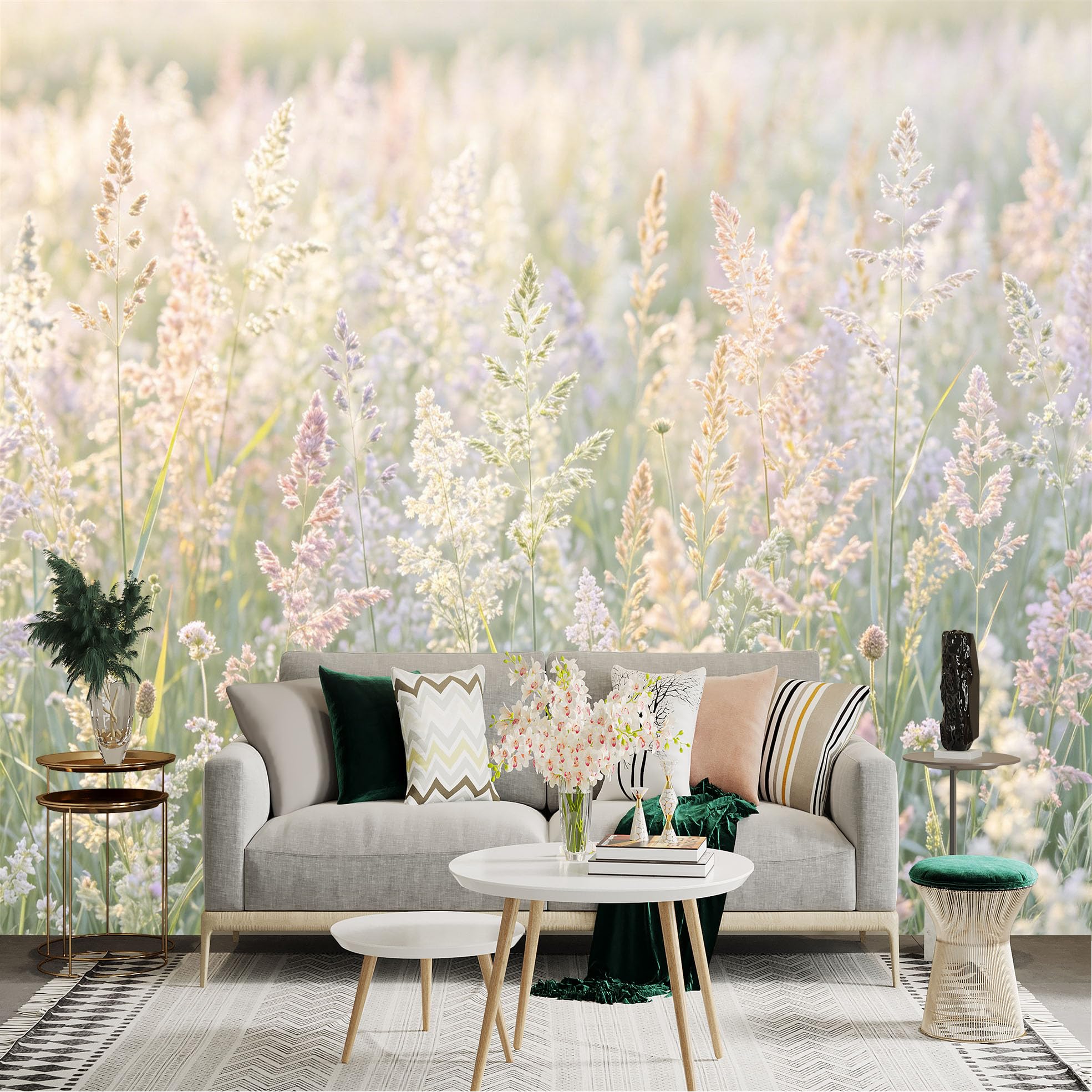 Lnzczhyre Dbh260521386 Custom Size Wall Sticker Mural， Soft Meadow Plants， Sunlit Wildflowers， Nature Scenery， Aesthetic Botanical View， For Wall Decoration， Peelandstick Wall Decals.