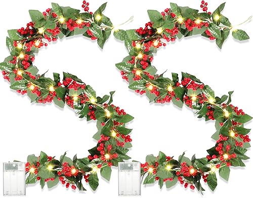 Jexine 2 guirnaldas LED de Navidad de 6.6 pies con luces, guirnalda de bayas rojas flexible, guirnalda de luces artificiales de Navidad para