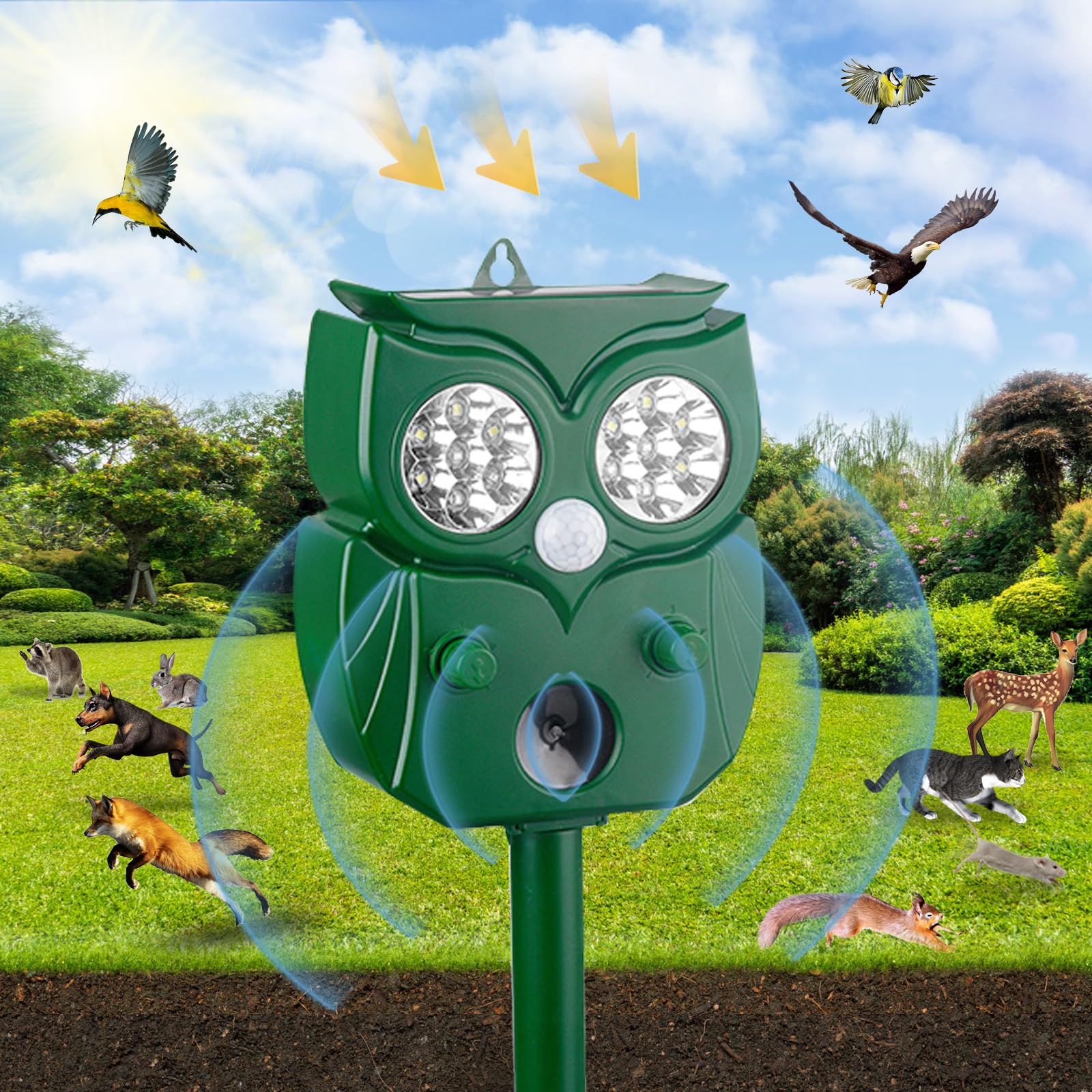 2024 Solar Ultrasonic Animal Repellent, Outdoor Powered Squirrels Deterrent with Motion Sensor,Sound and LED Flashing,Waterproof Deer Repeller,Animal Repellent for Cat Dog Bird Skunk Rabbit Wild B1O1