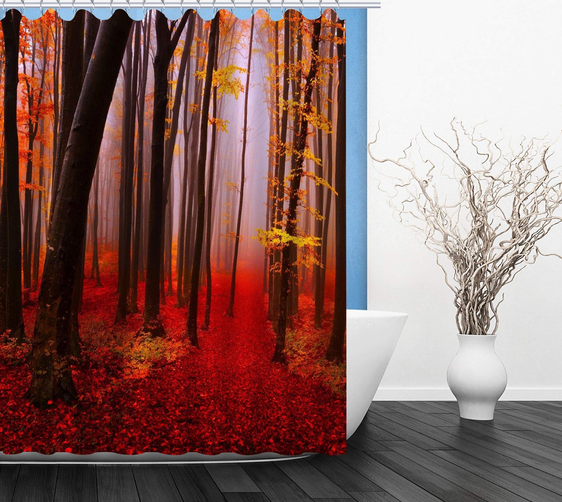 SNOOGG Attractive Printed Shower Curtain Design Size : 60 x 72 Inch. Print Design : Red Forest Landscape