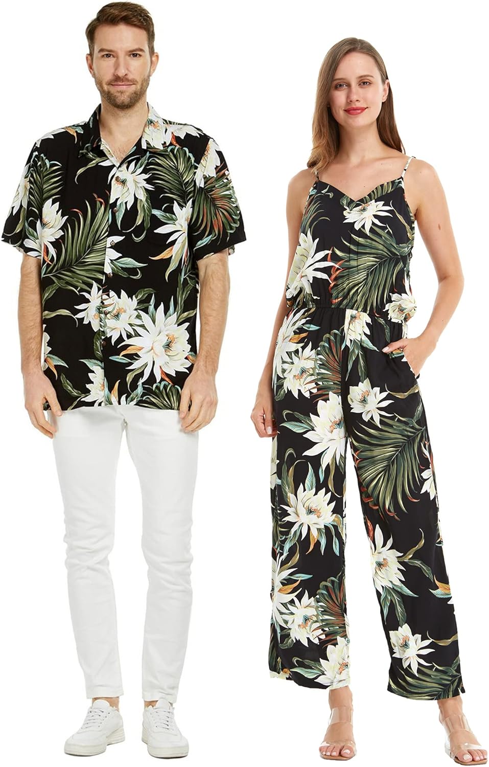 Matchable Couple Hawaiian Luau Shirt or V-Neck Jumpsuit with Pockets in Wispy Cereus Black Women Small Women Wispy Cereus Black