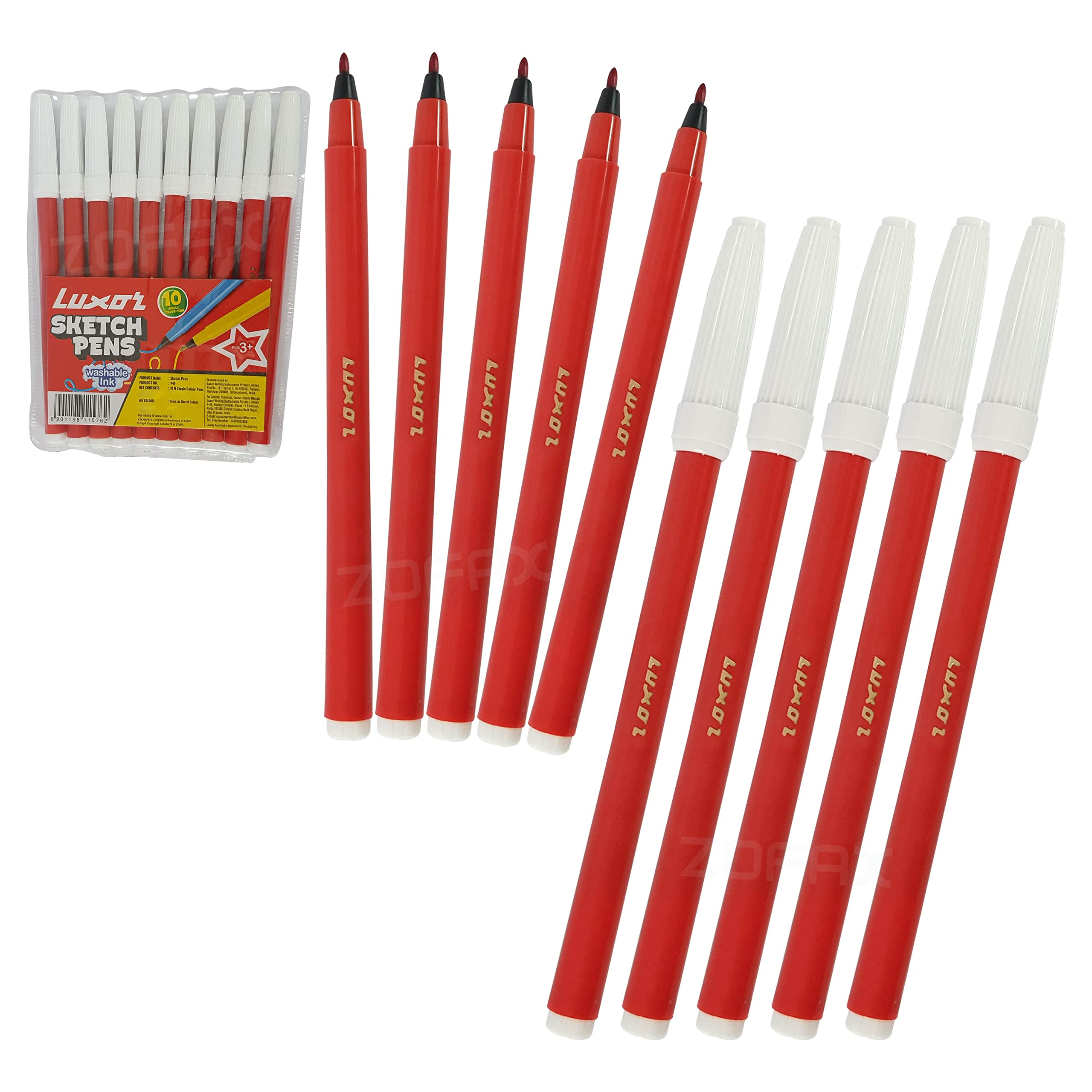Fineliner Pens, RED, VAI-HCR Single Colour Pens, Pack of 10, Smooth Writing, Ideal for Office School Home Use, iVAIDEX