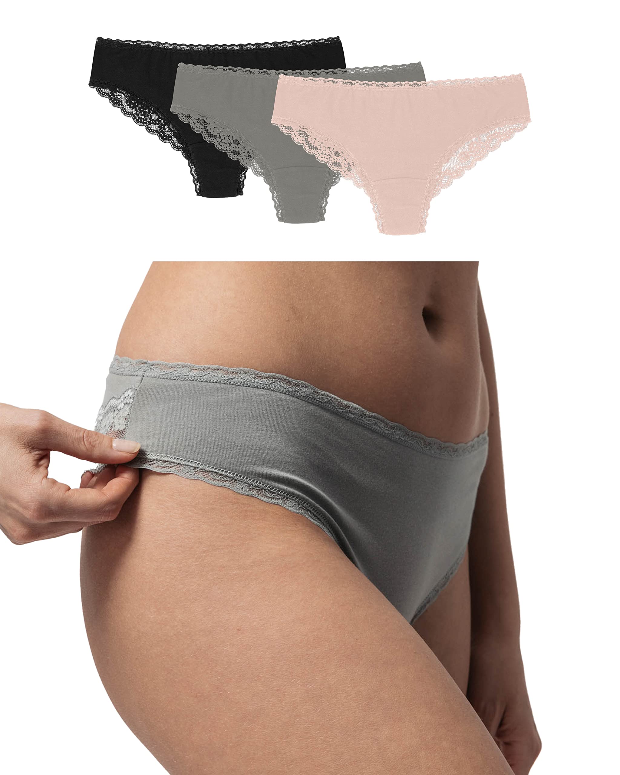 Snocks Brazilian Slip Damen mit Spitze aus Bio-Baumwolle (3er Pack) - Damenunterwäsche mit Perfekter Passform und angenehmem Tragegefühl - Klassisches Unterwäsche Frauen - Gr. XS-XL