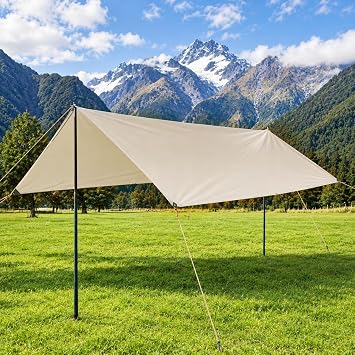 DANCHEL OUTDOOR 13x9.8ft Large Waterpoof Camping Nylon Tarp Canopy, Tent Canopy Sun Shelter Glamping Awning Accessories, Khaki