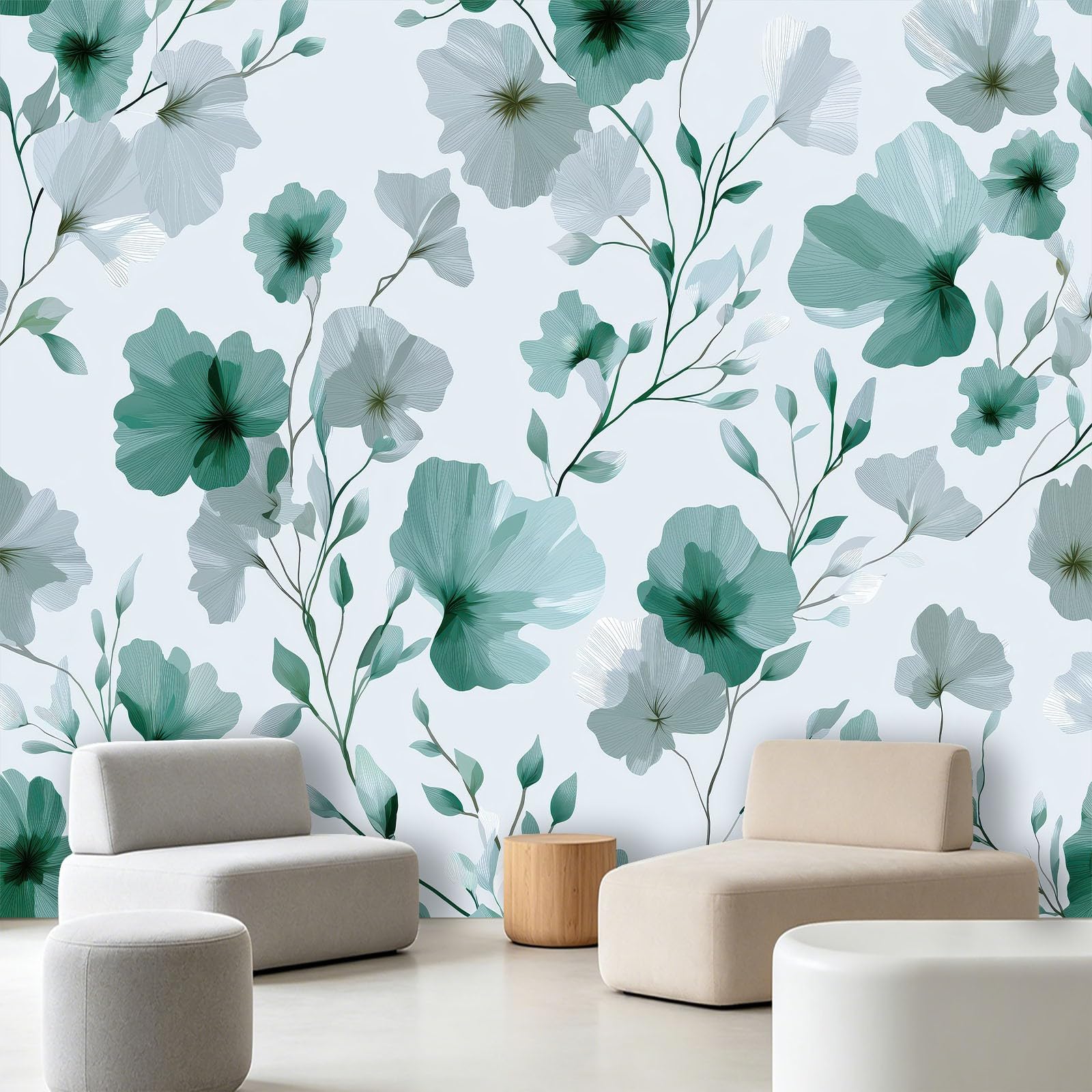 Carta da parati fotografica con motivo botanico scandinavo, 250 x 175 cm (larghezza x altezza), stampa artistica di alta qualità, decorazione per la casa, fai da te, fiori e foglie verdi, per bagno
