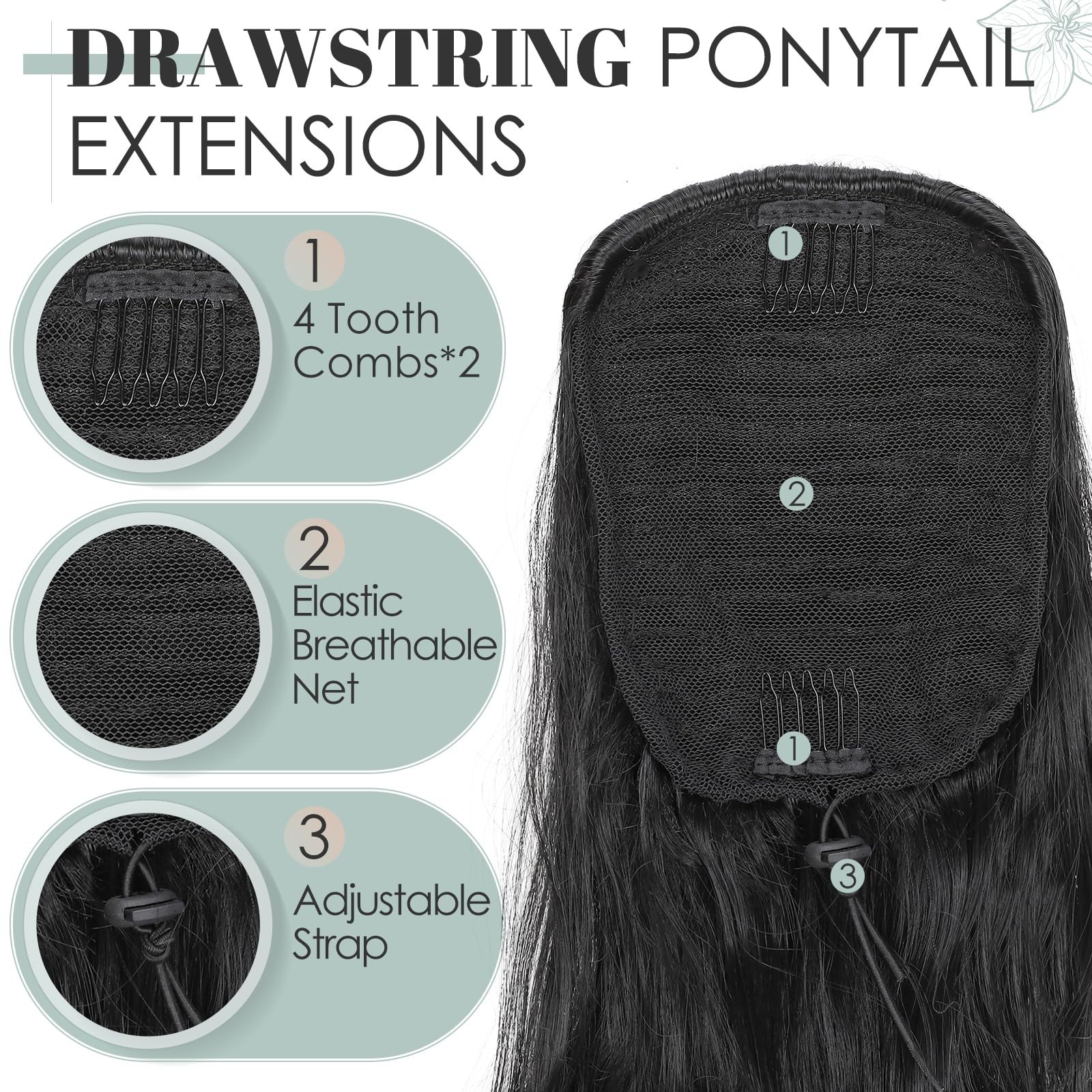 TESS Wavy Ponytail Extension, Drawstring Clip in Ponytail Hair Extensions, Long Hair Extensions, 24 Inches 160g, Dark Black - Image 4
