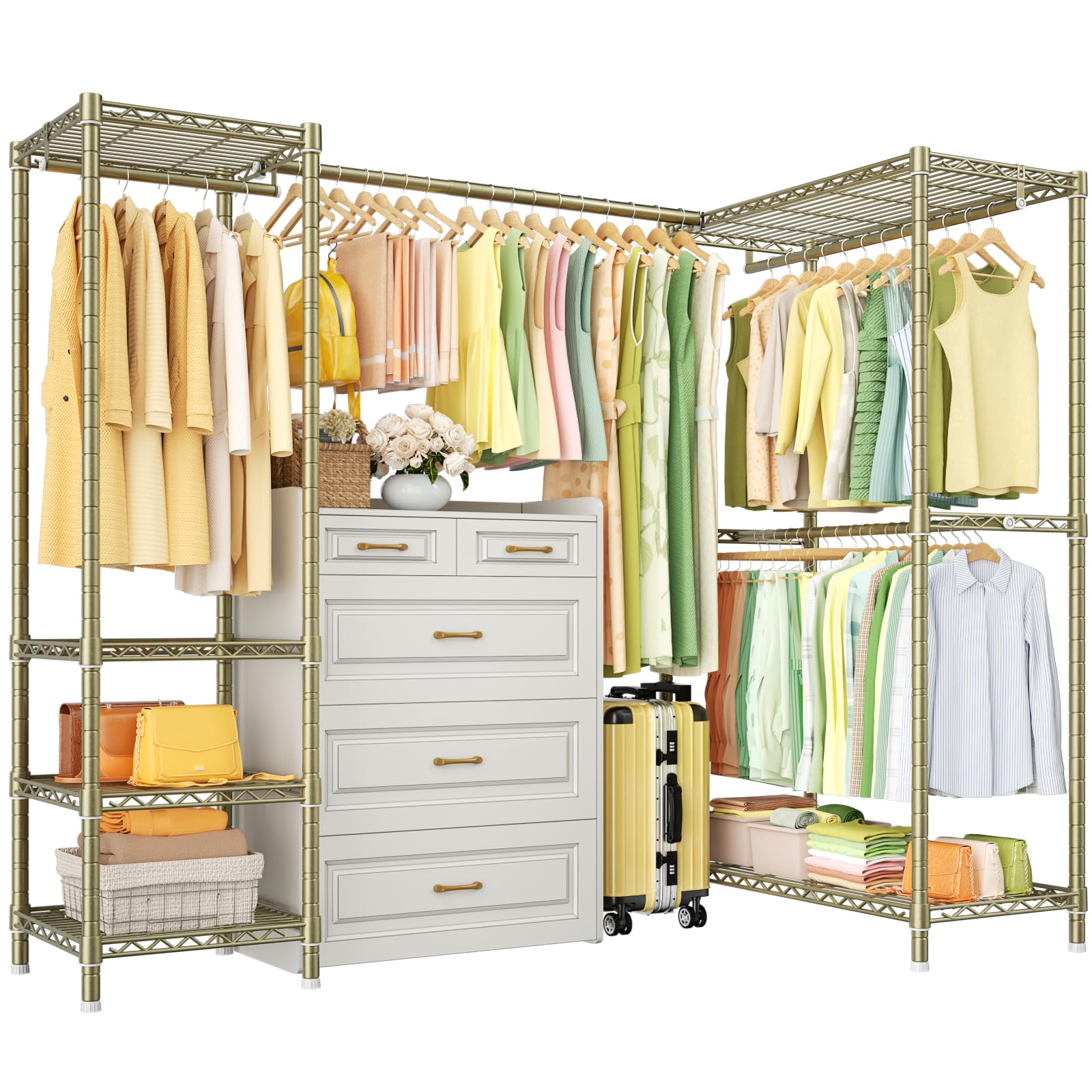 Photo 1 of ULIFHOME E10L L-Shaped Clothes Rack for Corner?With Expandable Hanger Rod?Heavy Duty Freestanding Clothing Racks for Hanging Clothes?Portable Garment Rack 58-82"W x 30"D x 72"H?Max Load 900LBS?Gold