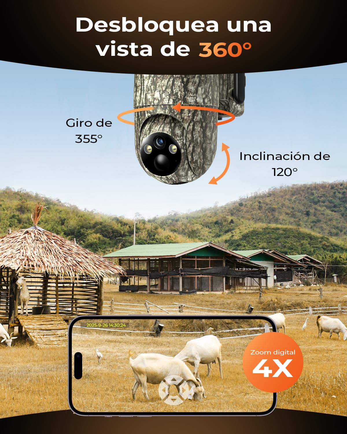 4G LTE Camara Vigilancia Exterior Solar con Tarjeta SIM (2 Unidad), 2K Camara Fototrampeo SIM sin WiF con Detección Humana PIR, Visión Nocturna, IP66 Impermeable, PTZ 360°, Audio de Dos Vías