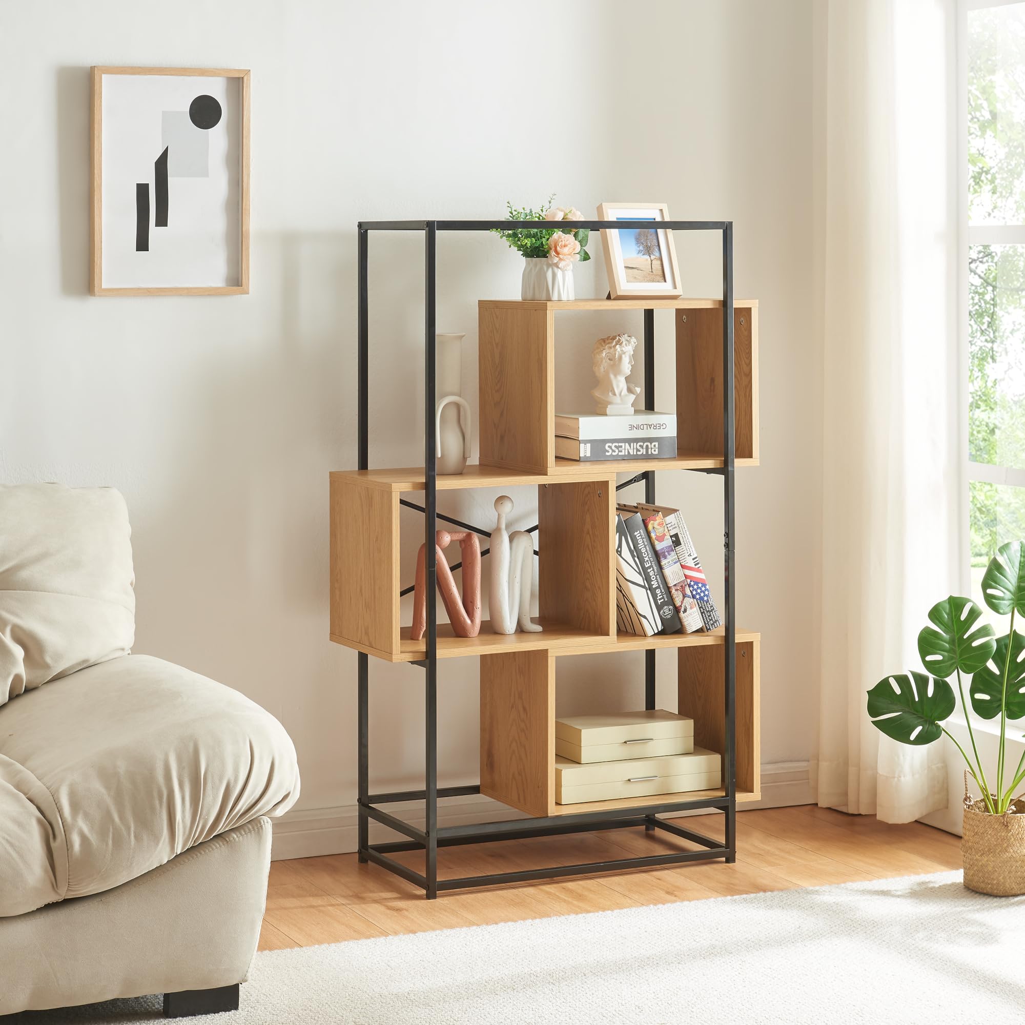 [en.casa] Scaffale da Terra con 3 Scomparti Aperti Libreria Mobile Espositore per Casa Ufficio Negozio 126 x 80 x 33 cm - Effetto Rovere/Nero
