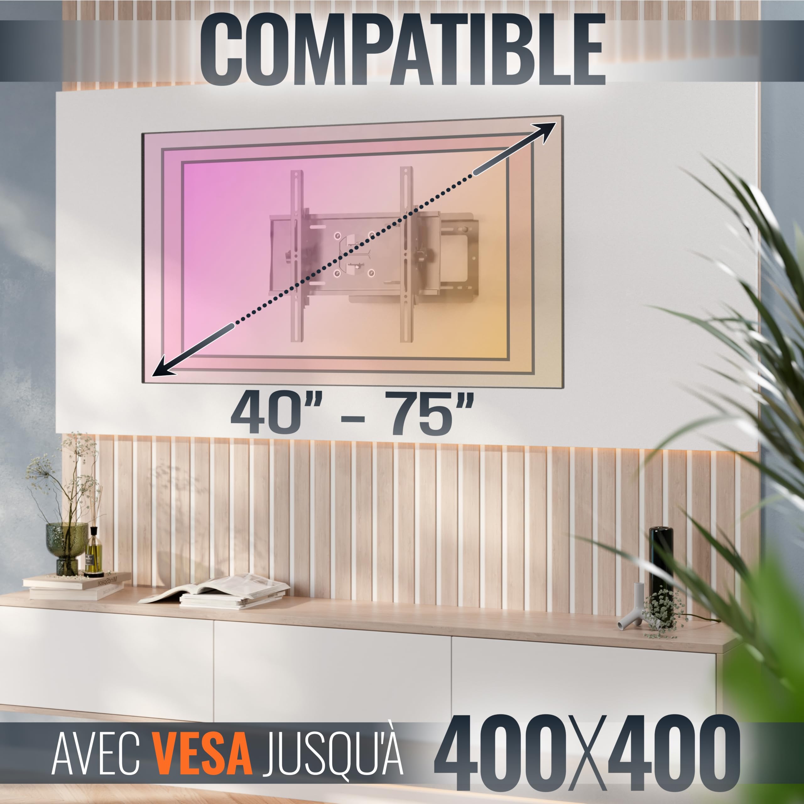 RICOO R23-F Support Mural TV 40 42 43 48 50 55 58 60 65 70 75 Pouces VESA 200x200 à VESA 400x400 Orientable Inclinable Rotatif Universel Fixation Murale TV