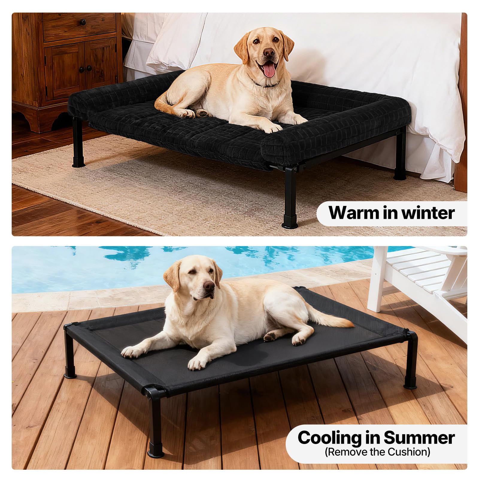 Veehoo Erhöhtes Hundebett für große Hunde, XL Hundeliege Outdoor Waschbar | Hundebett Orthopädisch mit Plüschkissen, Abnehmbares und Rutschfestes, Ganzjahreskomfort für Drinnen Draußen, 106 x 76 cm