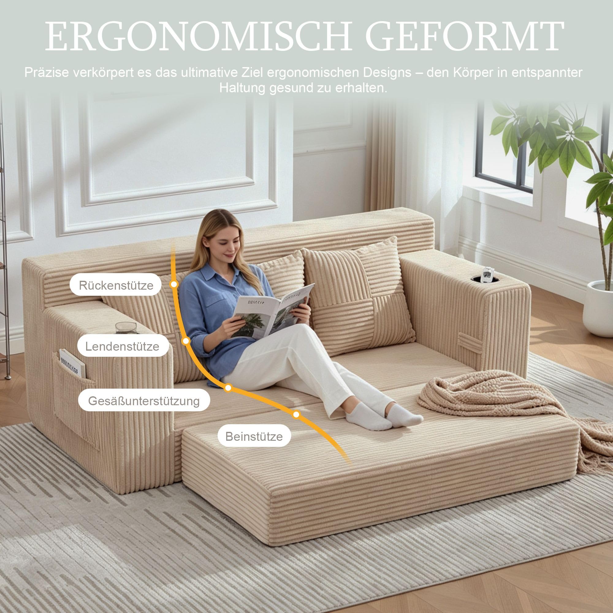 Wygodna 3-osobowa sofa sztruksowa khaki, sofa podłogowa z uchwytami na