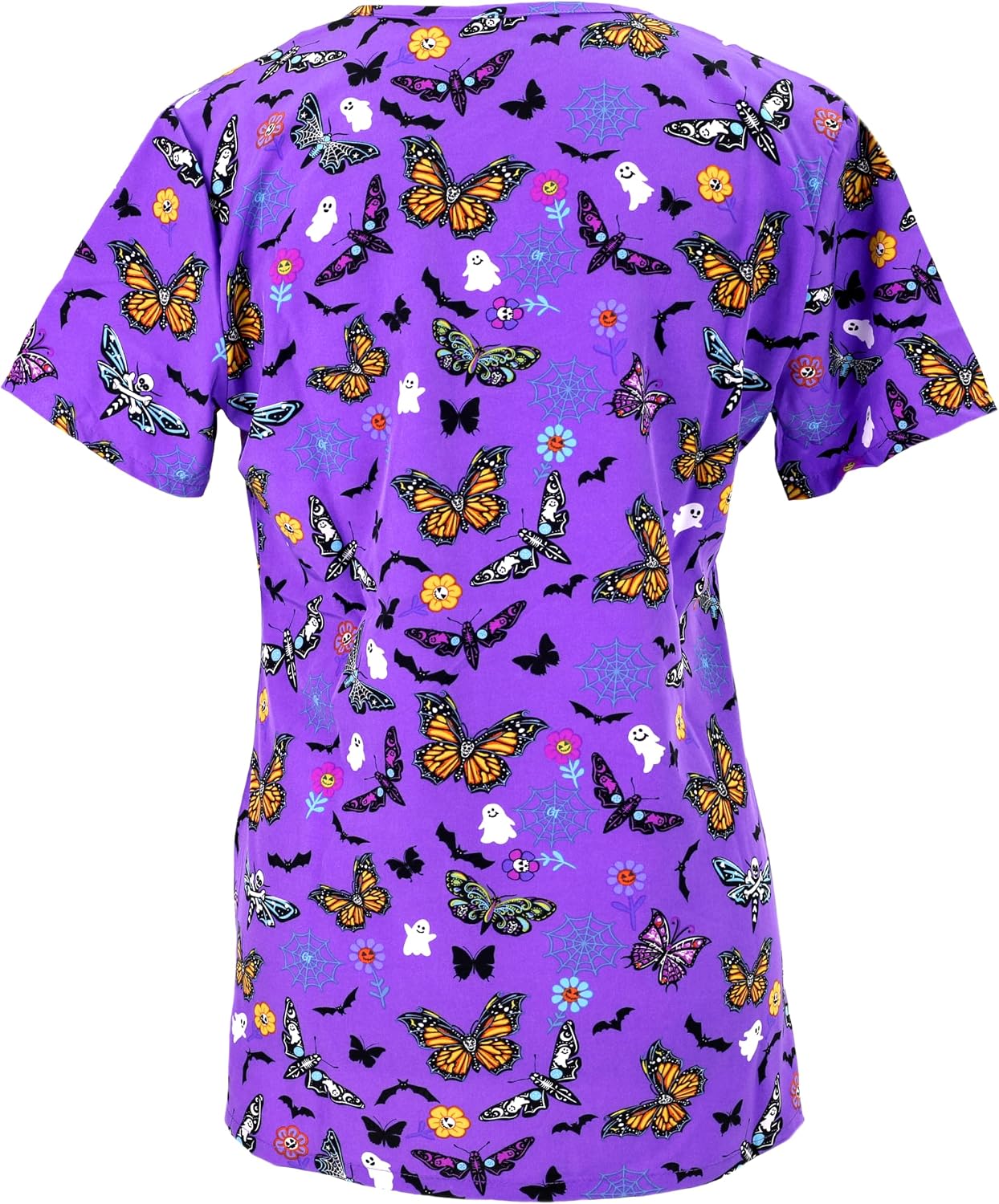 Green Town Spooky Halloween Workwear Printed V-Neck Scrub Tops for Women - Small to 3X