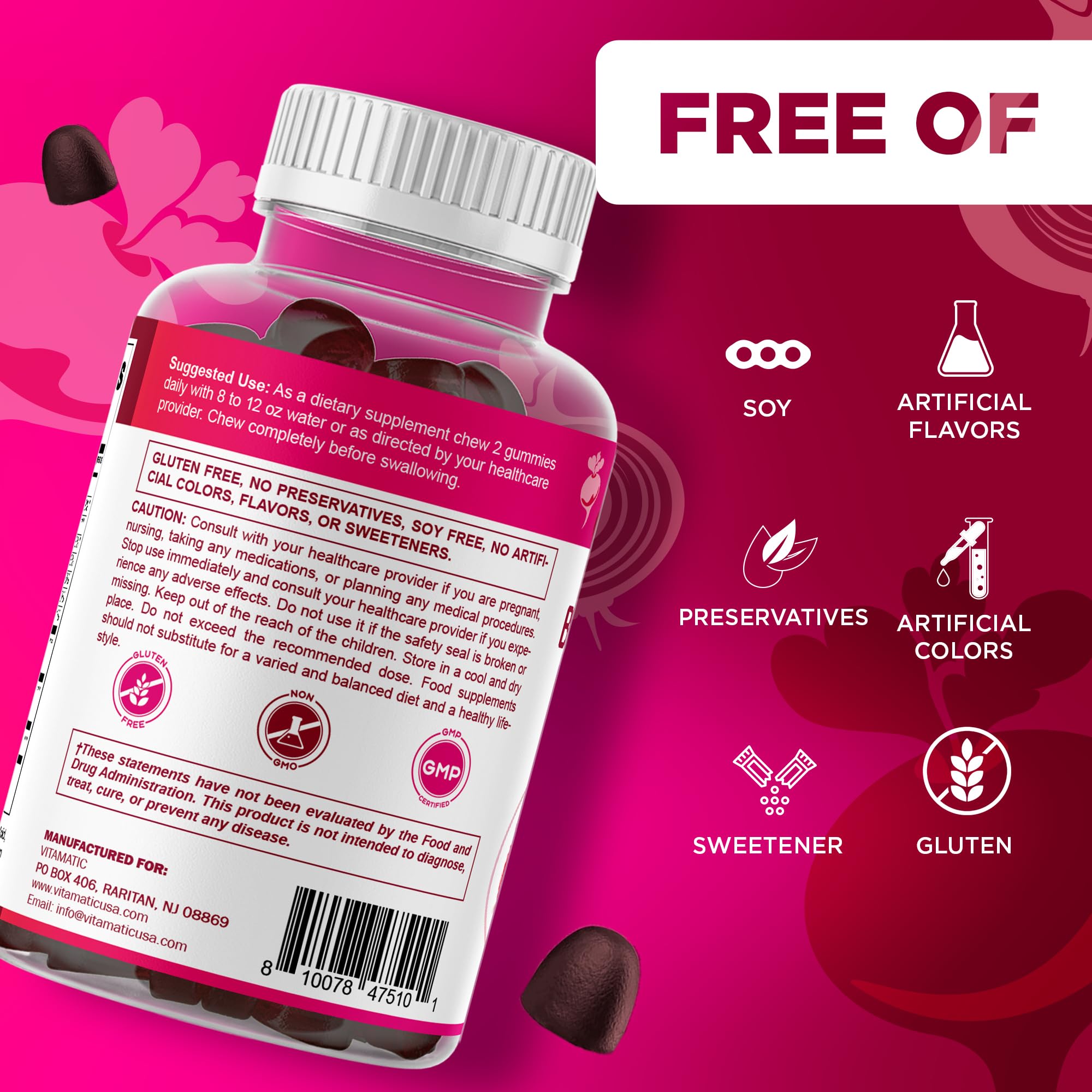 Vitamatic Beet Root Gummies with B6, B12, Grape Seed, Pomegranate & Nicotinamide – Plant-Based Extract – Vegan, Non-GMO – Botanical Supplement Gummies – 60 Count — Amazon image 7