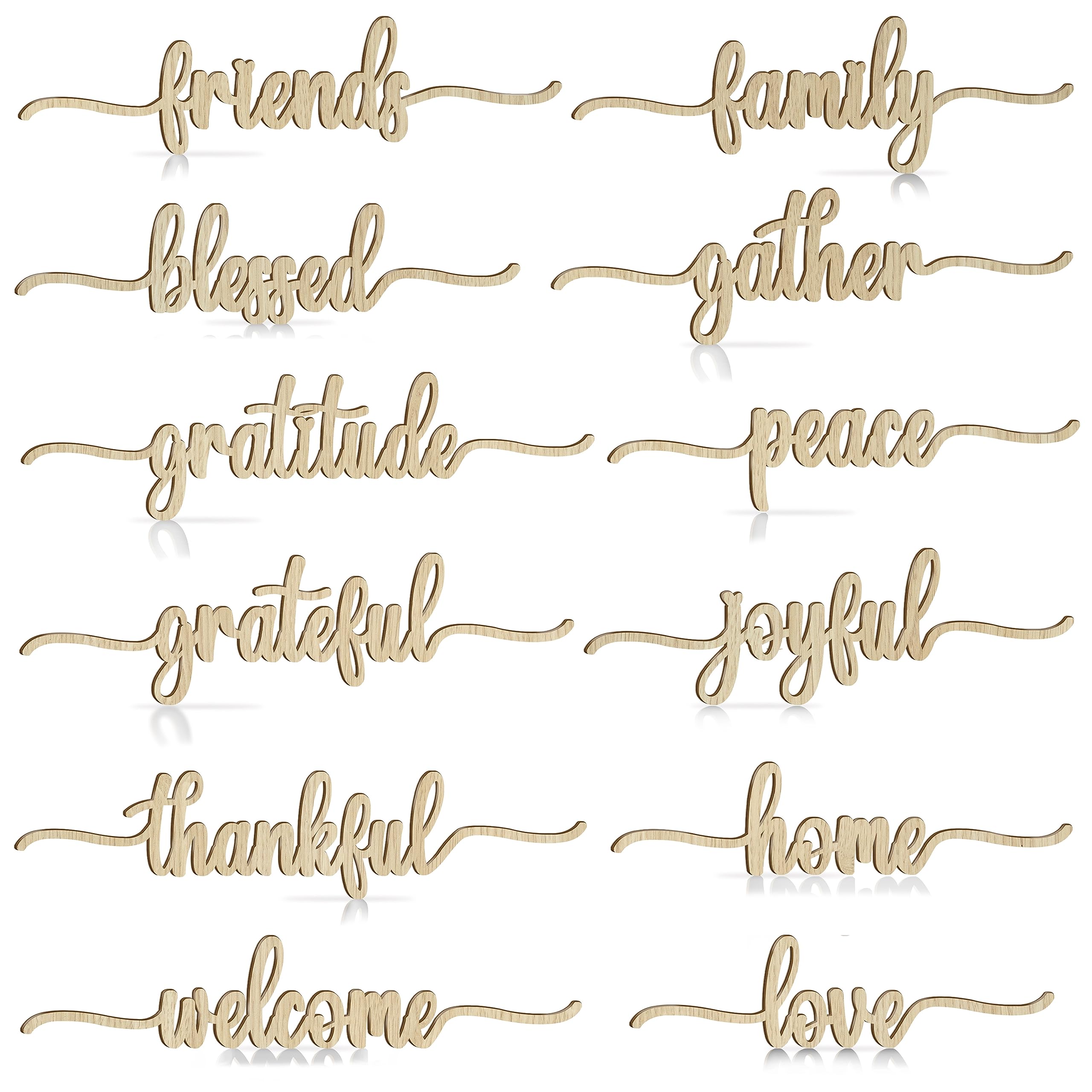 Thanksgiving Script Wood Word Cutout Plate Decoration Signs 12Pcs, Thankful Grateful Blessed Gather Family Wooden Sign Home Decor Wall Art Table Decorations, Rustic Letter Place Setting Sign (Natural)
