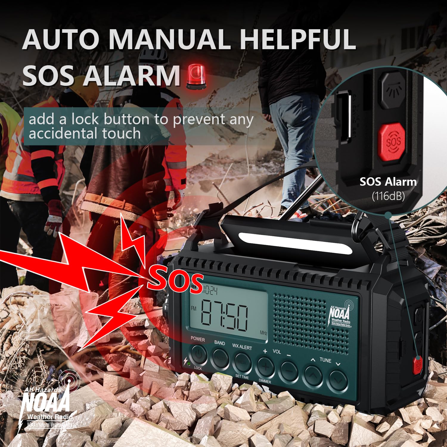Radio meteo a manovella di emergenza con avvisi automatici NOAA e onde corte, 5000mAh | Ricarica solare, AM/FM/SW, torcia, lampada da lettura, allarme SOS, caricatore del telefono, orologio e ampio display LCD