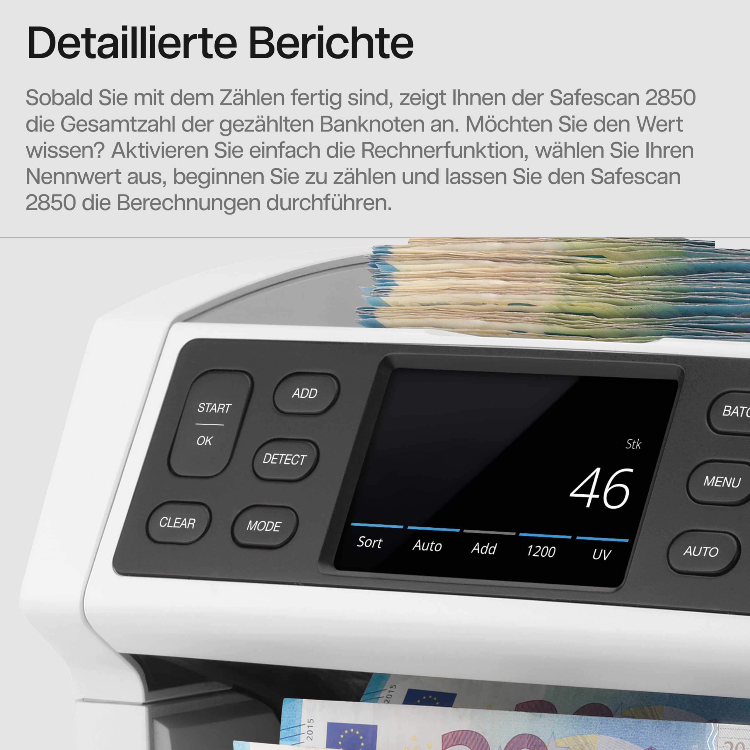 Safescan 2850 Geldzählmaschine, zählt sortierte Banknoten - Banknotenzähler mit 3-facher Echtheitsprüfung - Geldzählmaschine mit mehrsprachiger Benutzeroberfläche