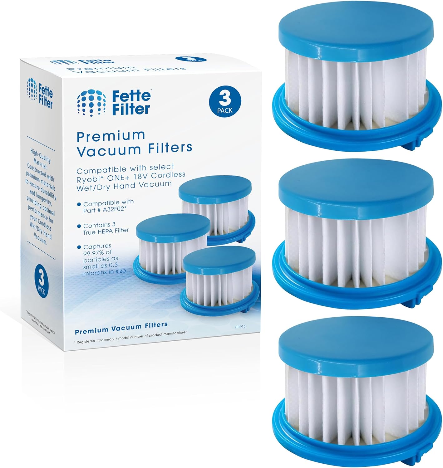 Fette Filter - A32F02 HEPA Filter Compatible with Ryobi ONE+ 18V Cordless Wet/Dry Hand Vacuum PCL702 PCL702B PCL702K. Compare to Part #A32F02. Pack of 3