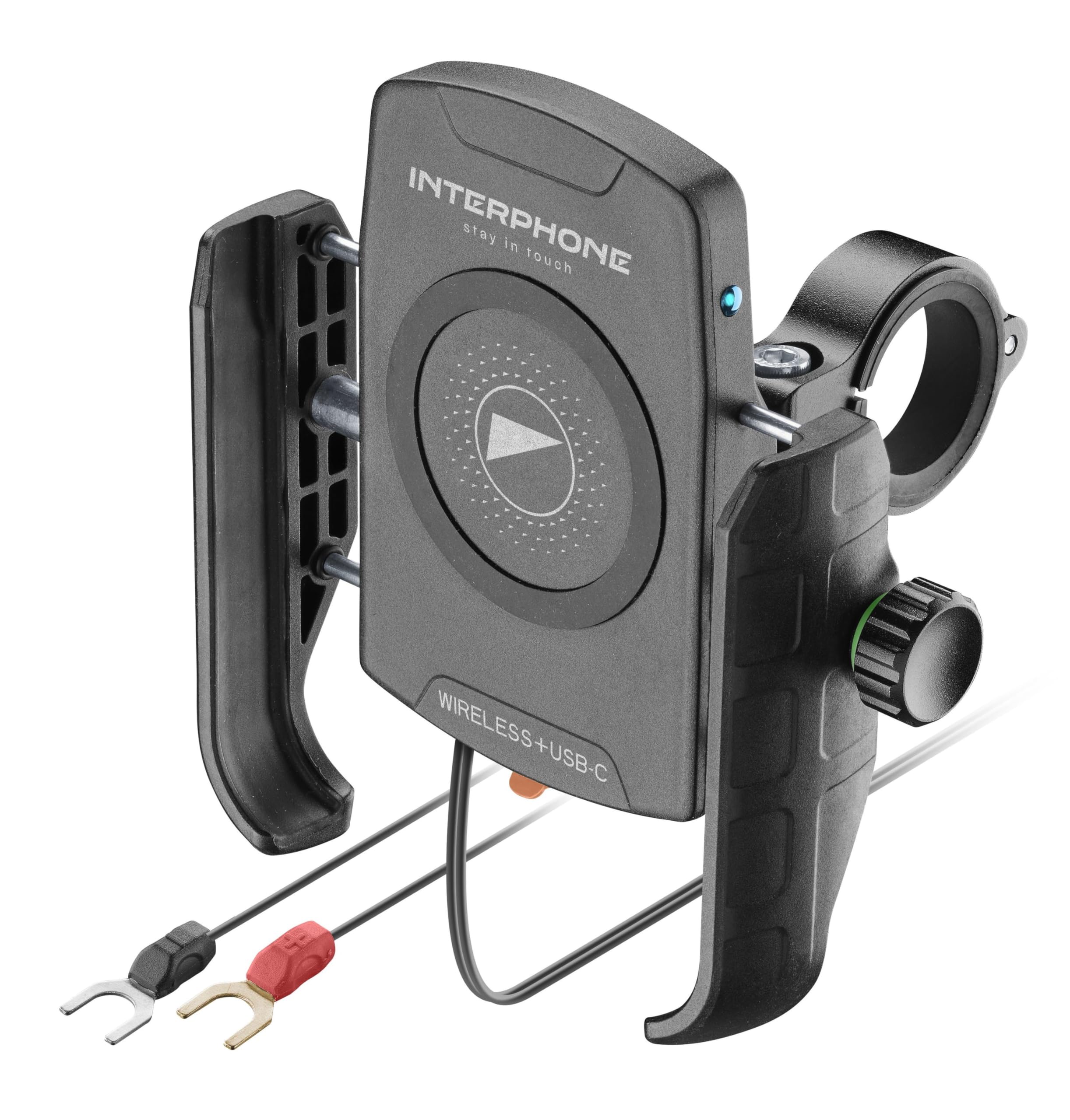 INTERPHONE Crab supporto Smartphone con Ricarica Wireless e USB‑C, da Moto con Ricarica Wireless 15W Qi + USB-C Quick Charge, universale per manubrio 12-32 mm, resistente a vibrazioni e intemperie