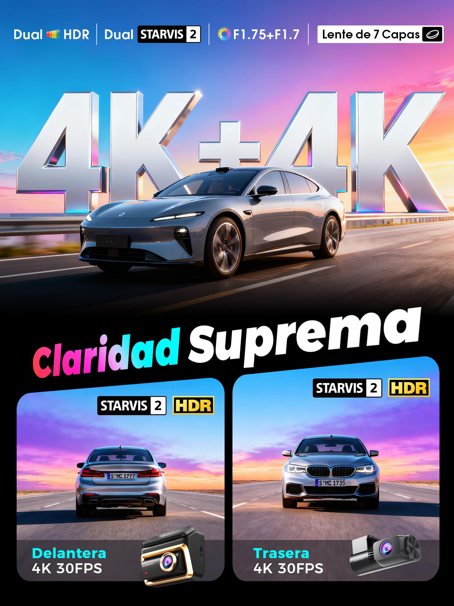 DDPAI Z90 Master Dashcam Dual 4K+4K, Dual STARVIS 2 HDR (2X IMX678), 64GB eMMC, CPL Incluido, Noche+Anti-Parpadeo, Autopista 3K/60fps, GPS/ADAS, WLAN, 4G LTE, Vigilancia de estacionamiento 24h
