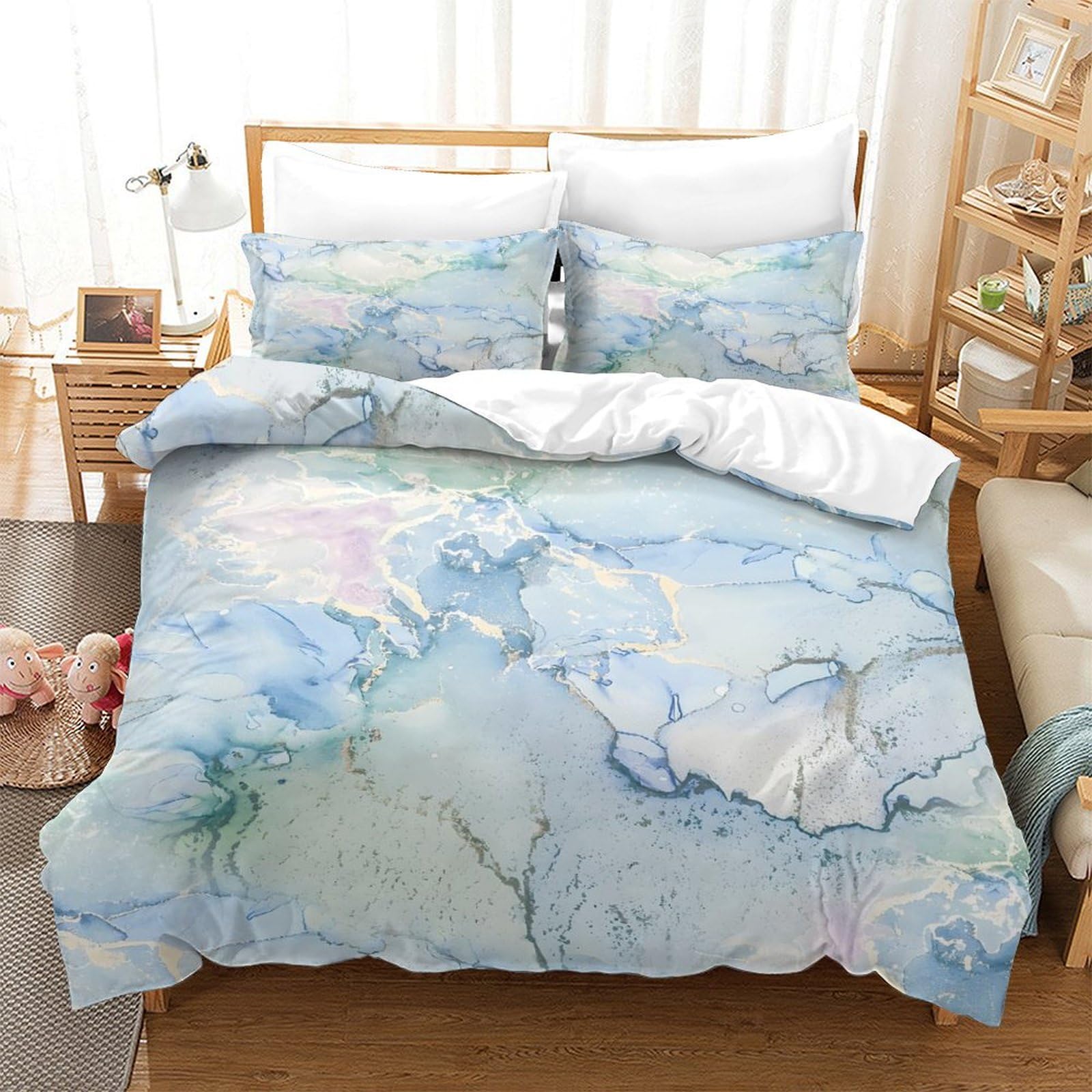 LIAOHENKAN Marble Alcohol Ink - Blue Ink Comforter Set Bedding Set Decor Comforter Cover Duvet Cover Set Bedroom Quilt Set 3Pcs All Season Bedding with Zipper Closure Super King（260x220cm）
