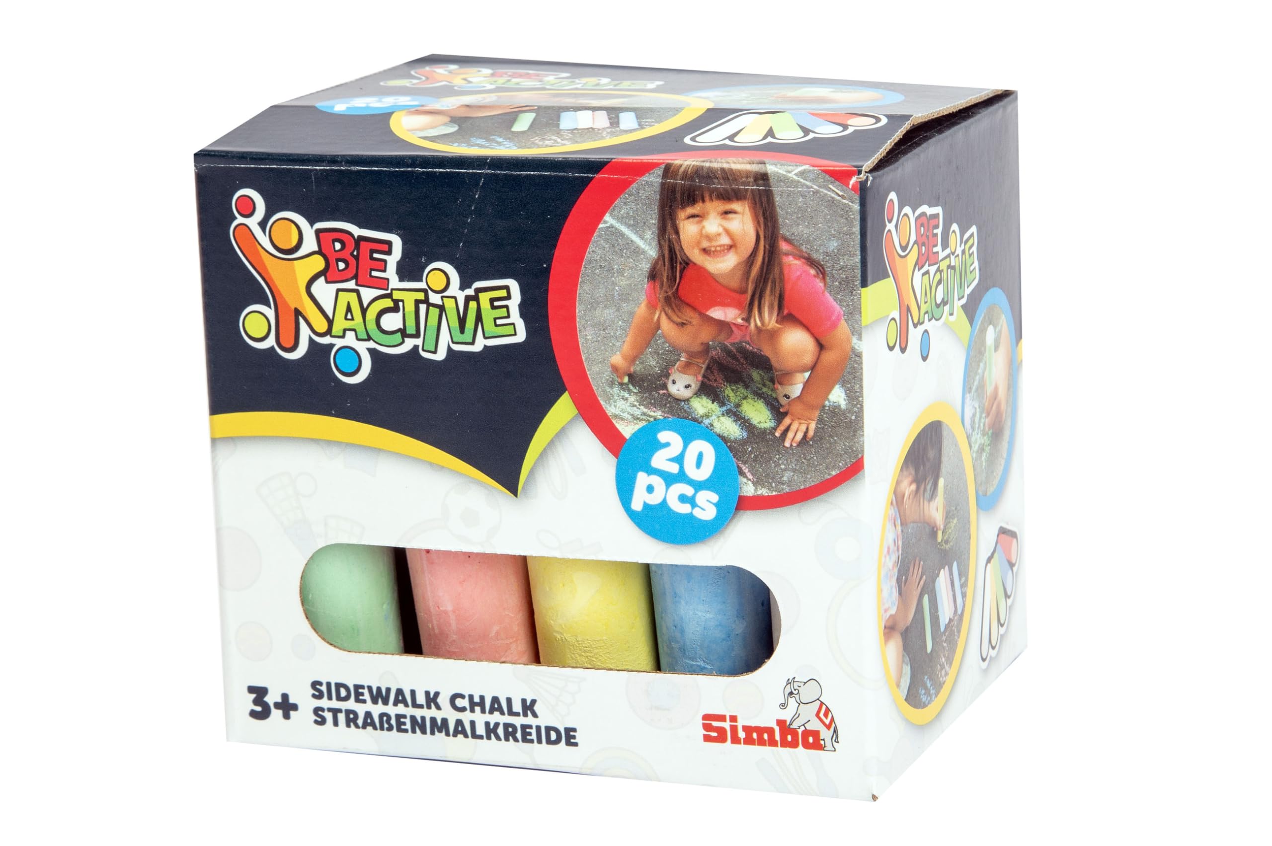Simba 20 kredek do malowania ulicznego, 5 kolorów: niebieski, żółty, czerwony, zielony, biały, 2,5 x 10,5 cm, od 3 lat