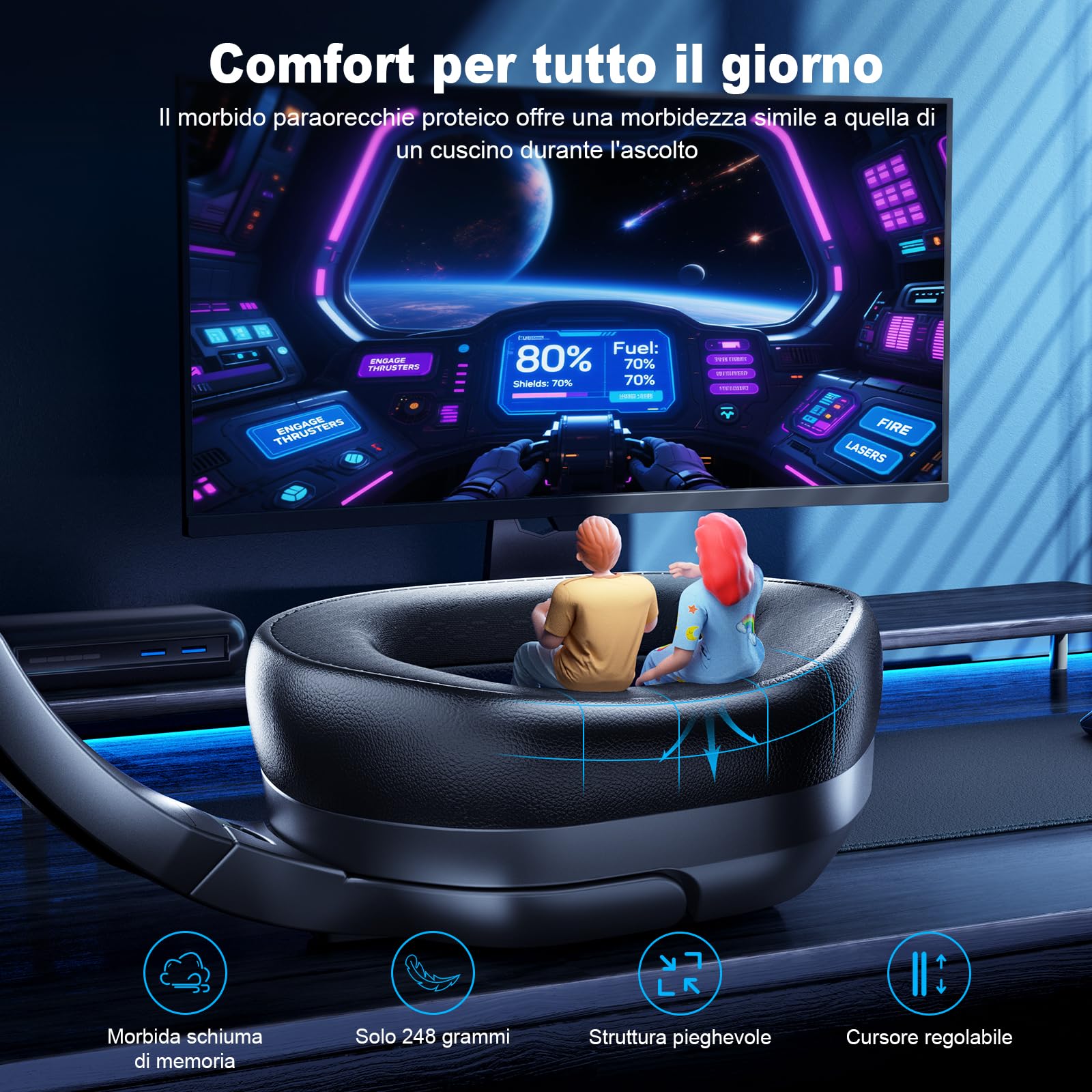 Fachixy FC200 Cuffie Gaming Wireless 2.4GHz per PS5 PS4 PC Switch Mac Mobile Stereo Bluetooth Over Ear LED 50 Ore