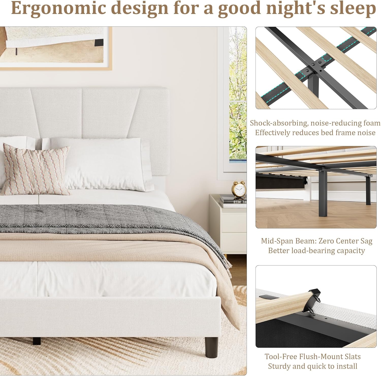 Full Size Bed Frame with Adjustable Headboard, Linen Upholstered Full Platform Bedframe with Strong Wooden Slats, Mattress Foundation, No Box Spring Needed, Easy Assembly