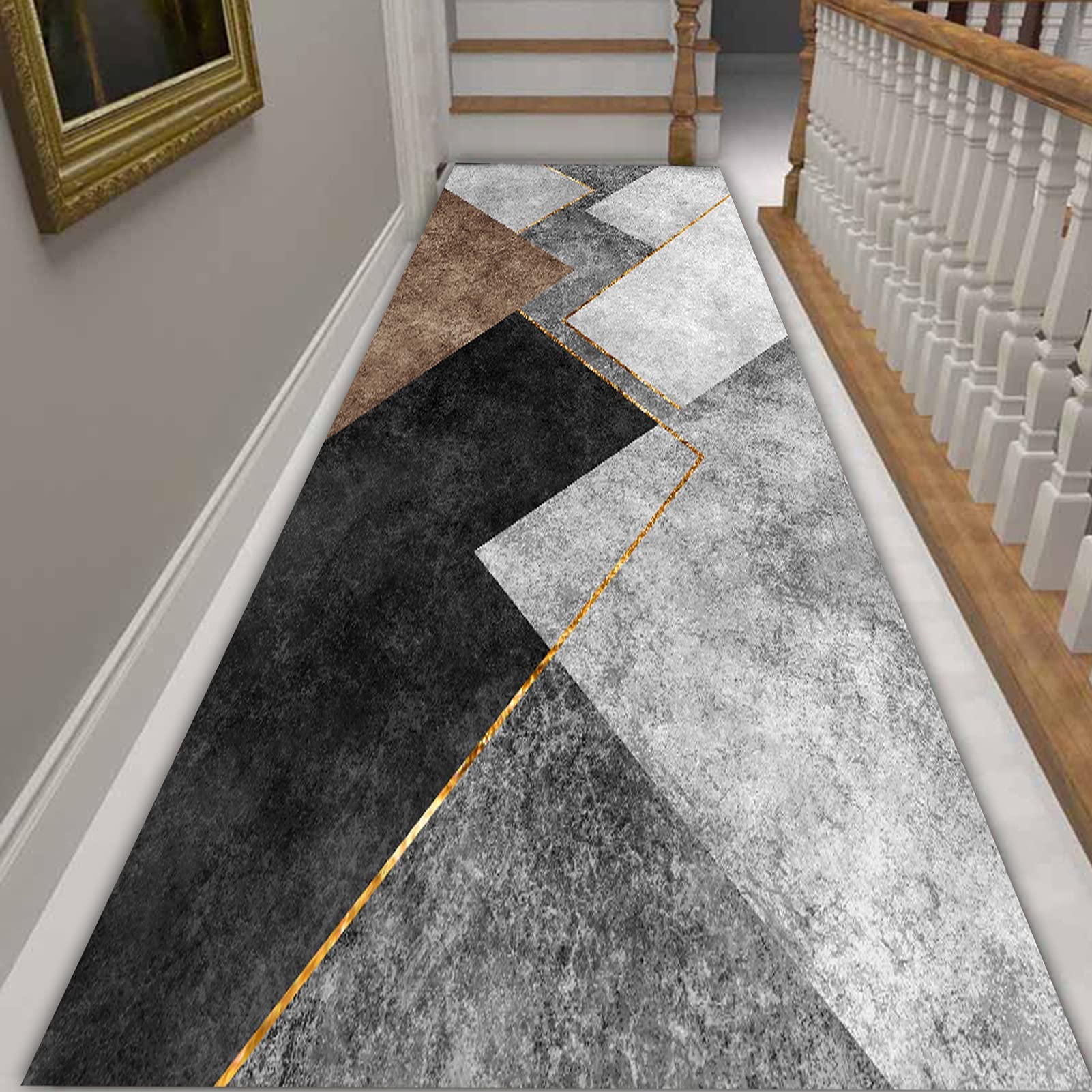 Lhyzf Grey/Black/Gold/Brown Modern Hallway Runner Rug,Long Carpets Runners For Kitchen Stairs Hall Corridor,Long 1M/1.5M/2M/2.5M/3M/3.5M/4M/4.5M/5M/5.5M/6M- (Size : 60X300cm/2Ftx9.8ft)