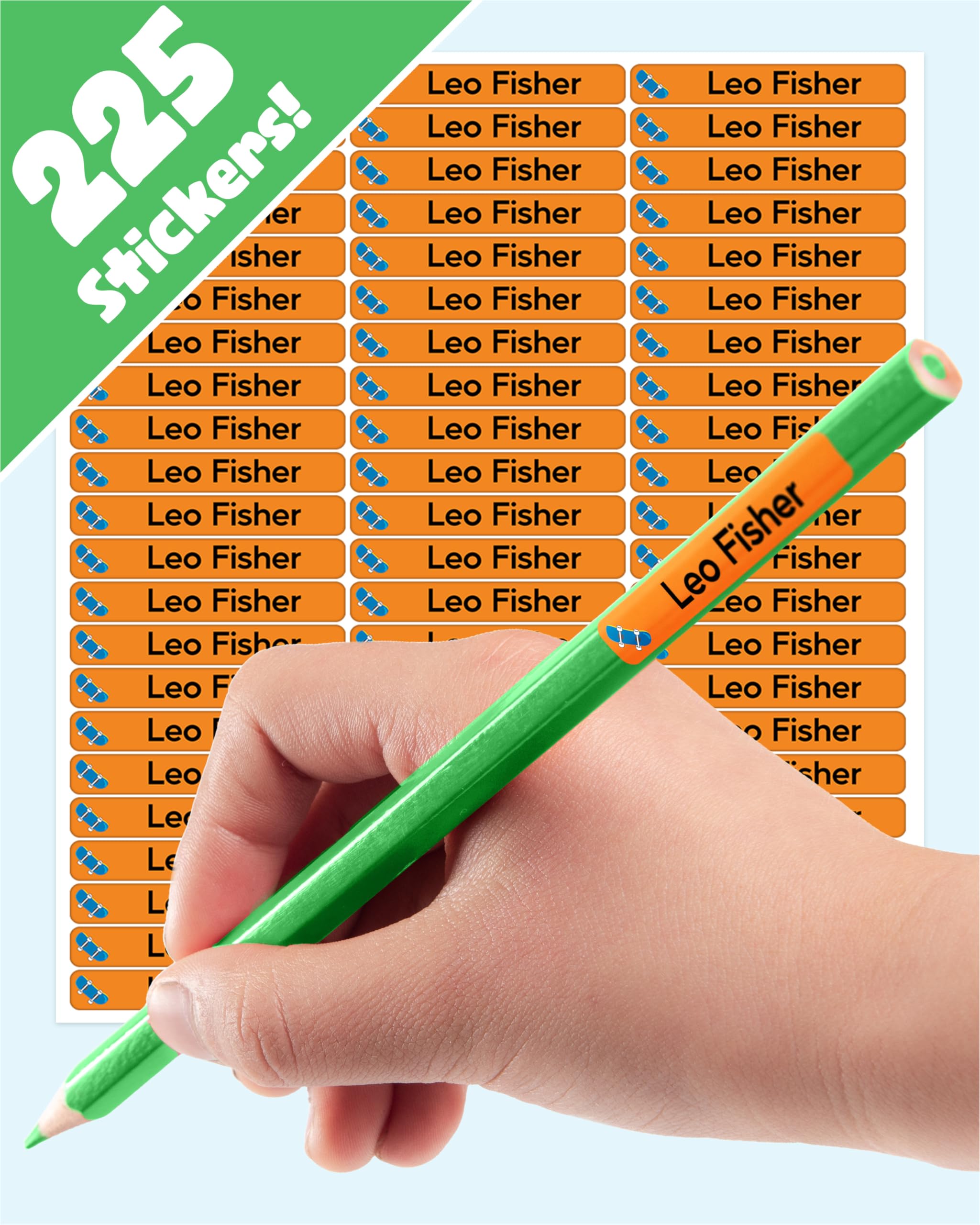 LabelTiger® Personalised Small Name Labels for School Supplies - (225 Pieces) - Self-Adhesive, No-Iron, Waterproof Tags for All Ages - Ideal for Pens, Pencils, Markers & Stationery - Orange