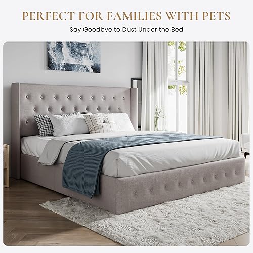 Miniatura 7 de SHA CERLIN Cama de almacenamiento elevable tamaño Queen cabecera capitonada con botones base de cama tapizada no necesita somier soporte de listones