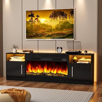 Tavata Fireplace TV Stand 70" Entertainment Center with 36" Fireplace, Wooden TV Stand for TVs Up to 80", Media TV Console with High Gloss Storage Cabinet and 20 Colors LED Lights Black