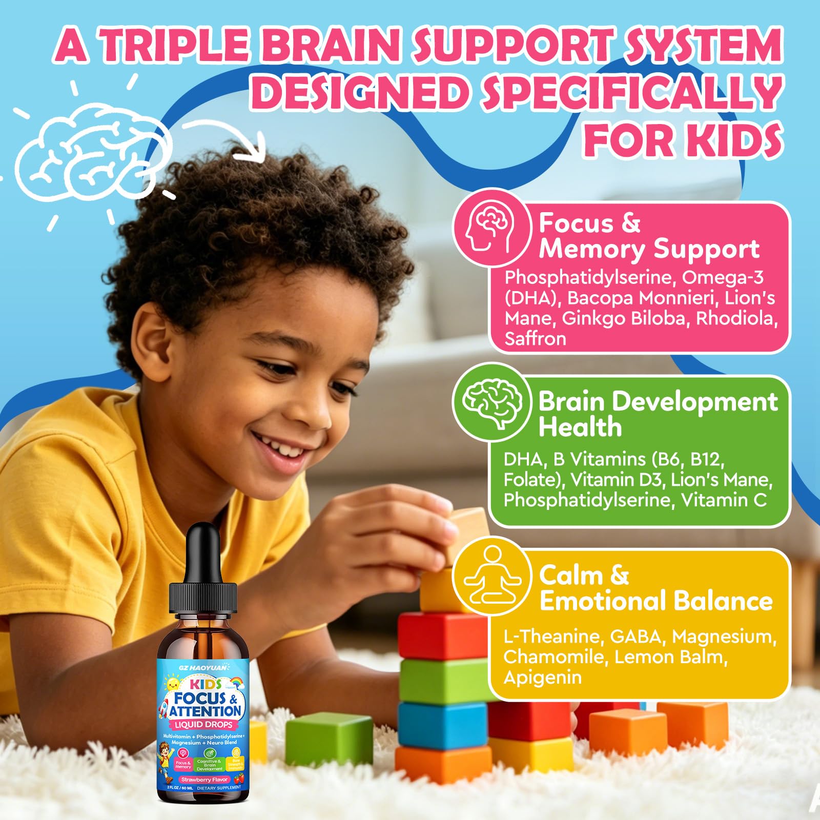 Kids Focus and Attention Supplements with Phosphatidylserine, Omega-3, Magnesium Glycinate, L-Theanine, Folate, Brain Vitamins Liquid Drops for Kids Memory, Cognitive, Sleep & Mood,Strawberry,2 Fl Oz — Amazon image 2