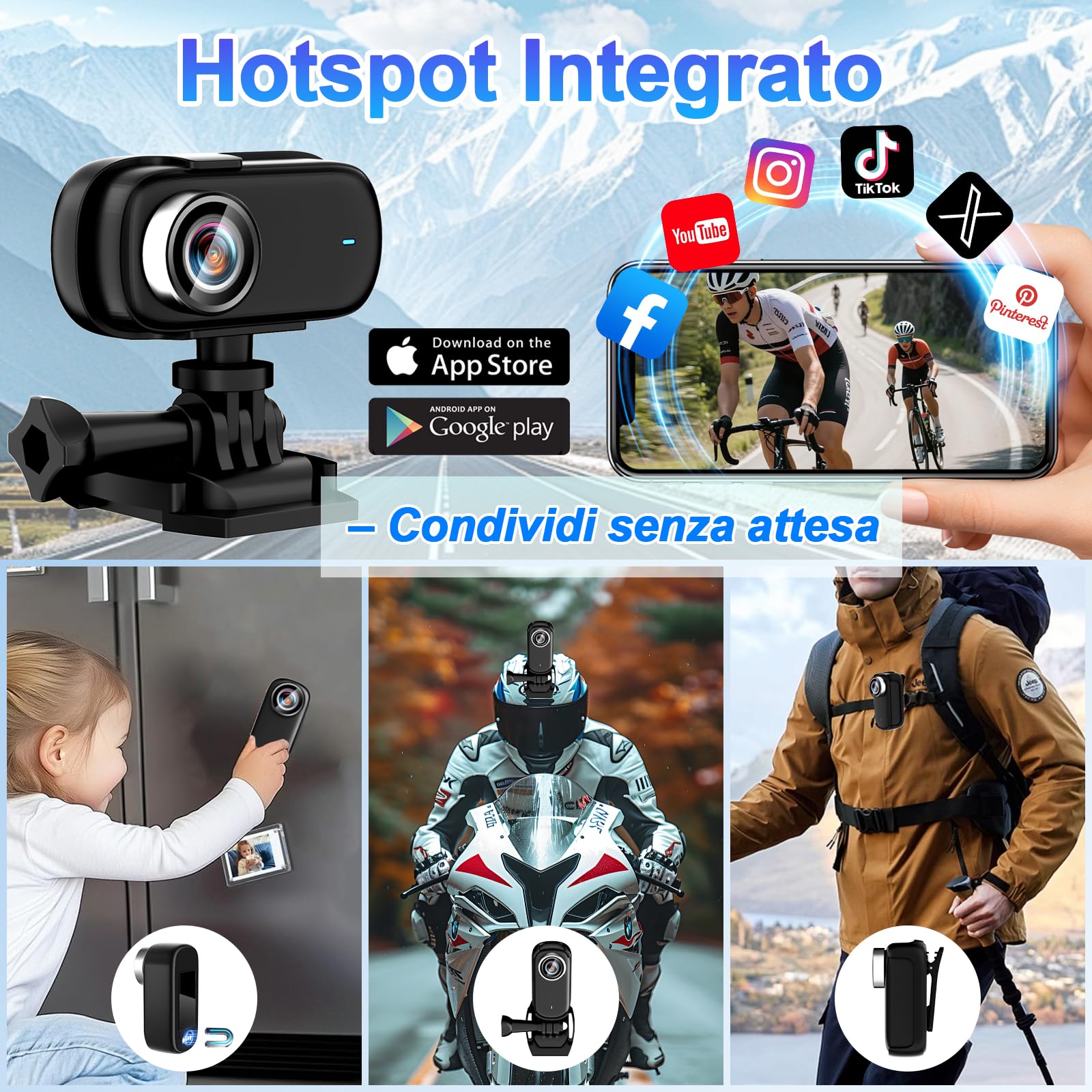 Action Cam 4K WiFi 150° IP65 Moto, con 64GB & Schermo | portatile, 3h batteria autonomia, anti-shock, Tascabile, supporti inclusi, mini