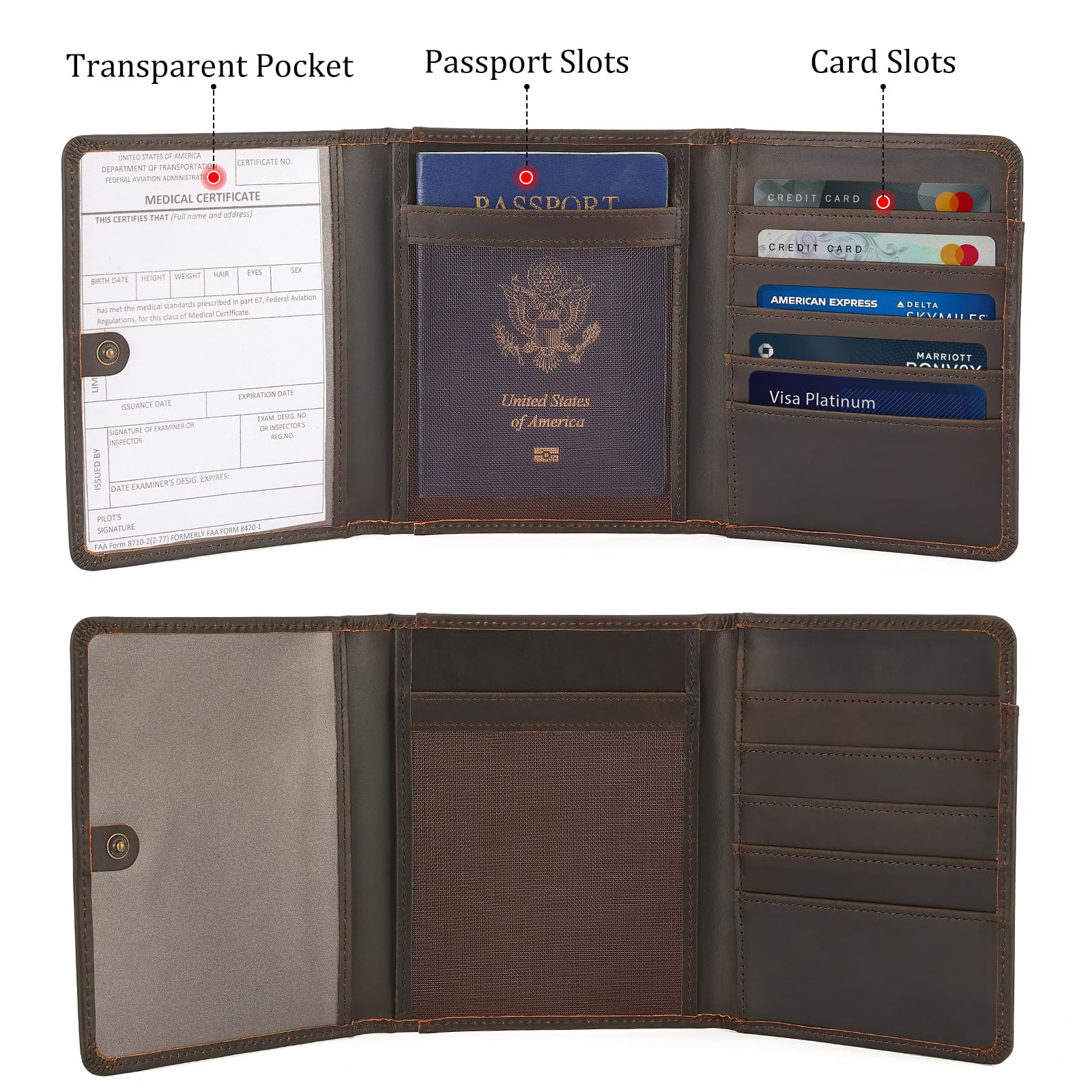 Polare - Cartera de cuero de grano completo para pasaporte, con bloqueo RFID, cartera triple para hombres, organizador de documentos para profesionales de la aviación, Marrón oscuro, Billetera triple