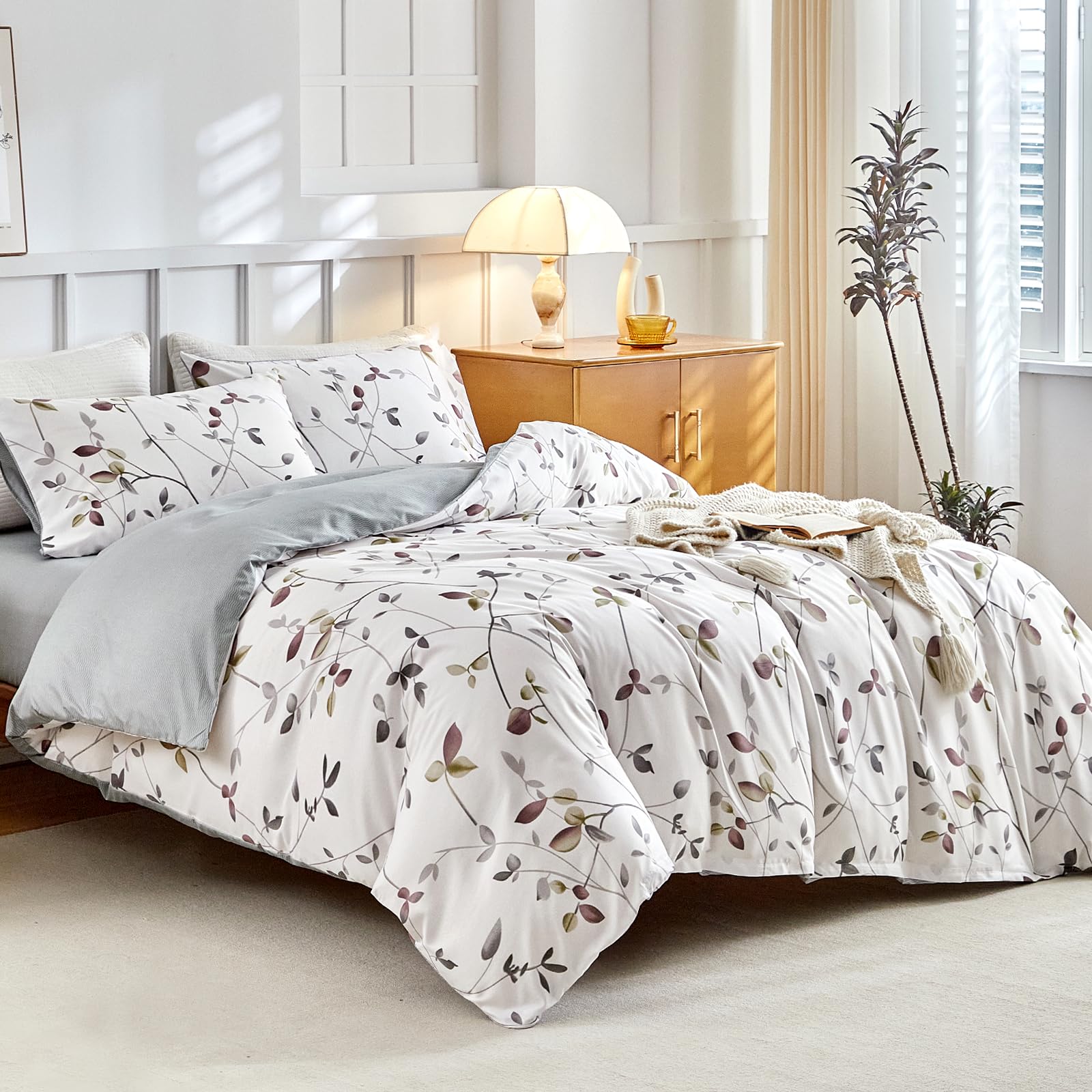 Tokokimo 4PCS Duvet Cover Sets King Size Bedding Sets, Botanical Branches Printed Grey Kingsize Duvet Cover Sets with Pillowcases and Extra Fitted Sheet, Soft Microfiber King Size Bedding Sets — view 17