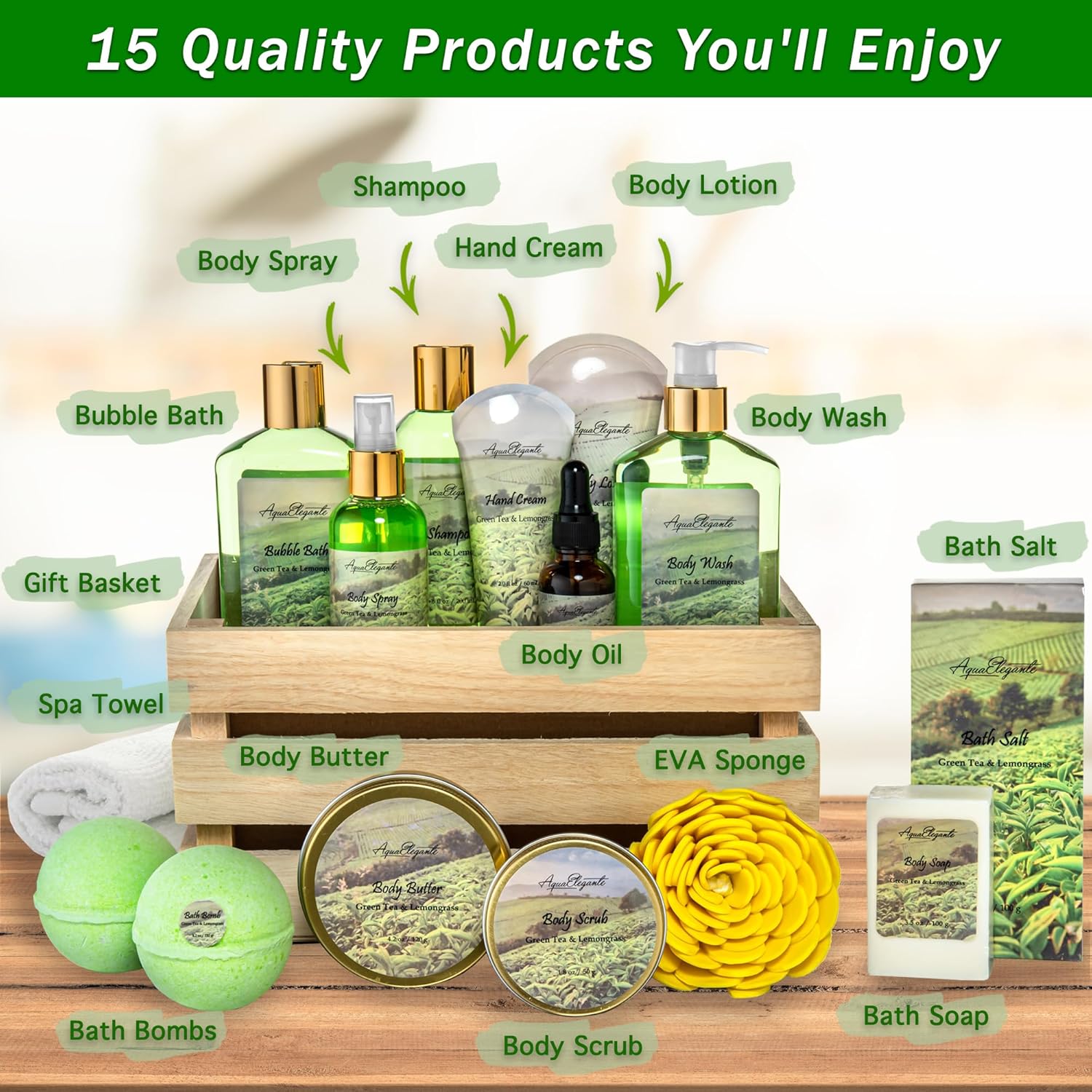 Bath Spa Gift Sets - Luxury Basket With Green Tea & Lemongrass - Spa Kit Includes Wash, Bubble Bath, Lotion, Bath Salts, Body Scrub, Body Spray, Shower Puff, Bathbombs, Soap and Towel - Image 2