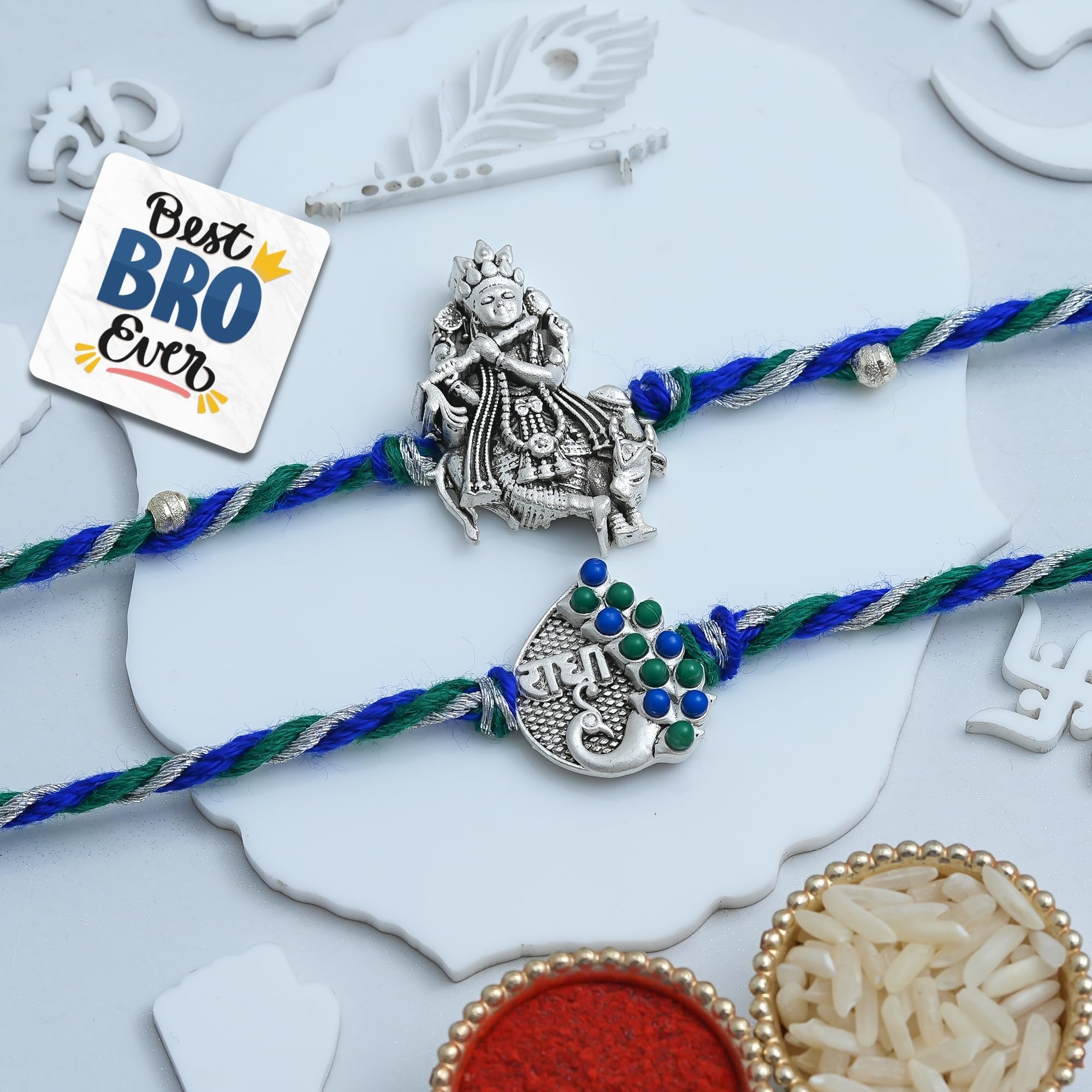 eCraftIndia Lord Krishna Playing Flute Radha Peacock Designer Rakhi Set of 2 | Rakhi for Brother Bhaiya Bhai with Best Bro Ever Fridge Magnet | Roli Chawal Pack-image-8