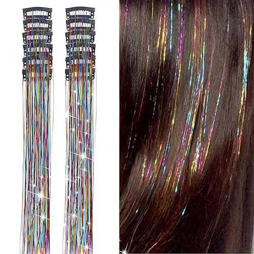 12 extensiones de cabello de oropel con clip de oropel con purpurina de 19.6 pulgadas, kit de oropel resistente al calor, accesorios de cabello de