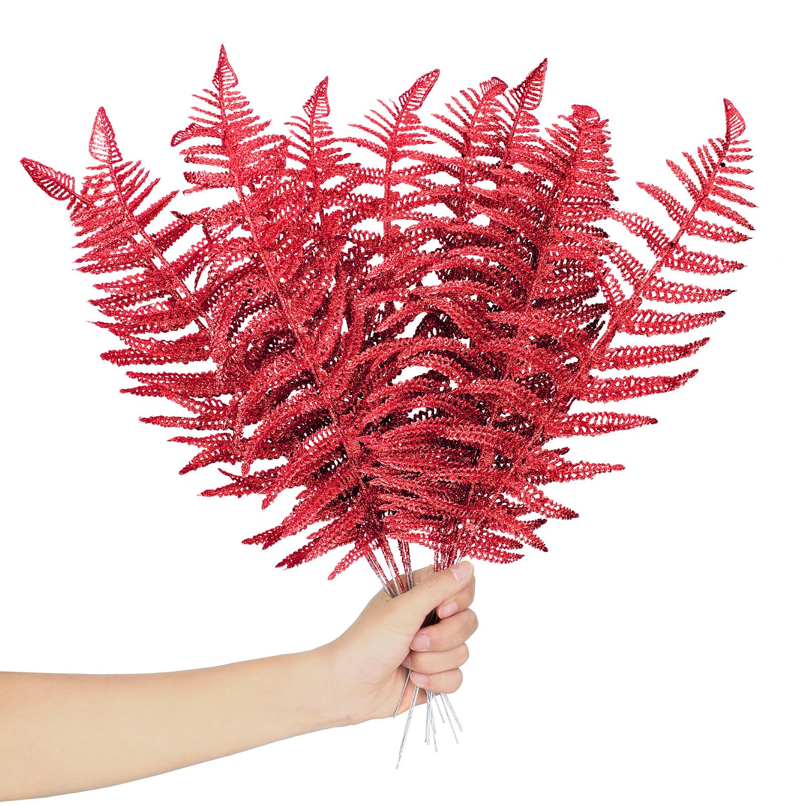 Xinnun Christmas Glitter Leaves Artificial Tropical Leaf Christmas Tree Sprays Glitter Leaf Garland Flashing Christmas Picks DIY Bouquet Stem Floral Branches for Wedding Xmas Wreath (Red,12 Pcs)
