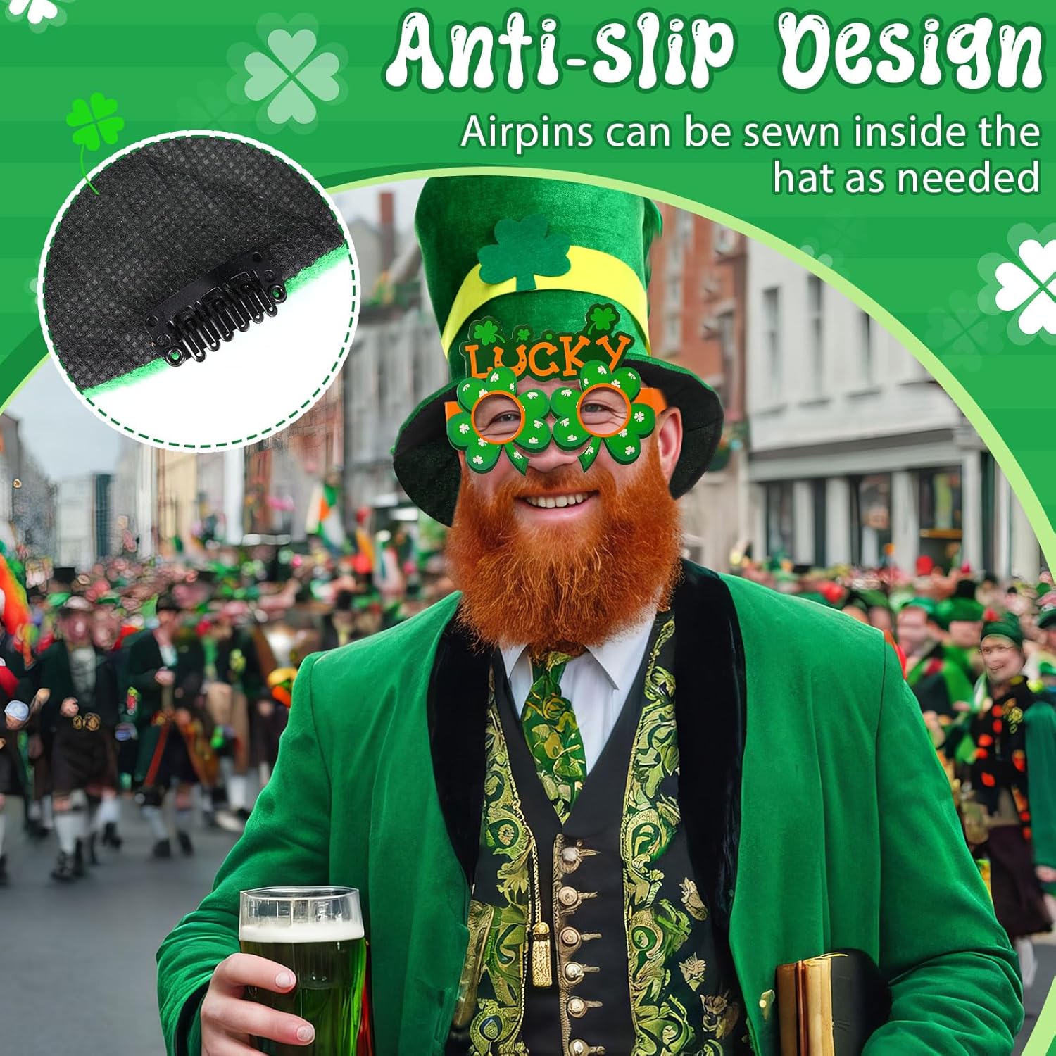 St. Patrick's Day Hats Shamrock Glasses Set Green Top Costume Hat Glasses with Hairpin, Clover Hat for Adult