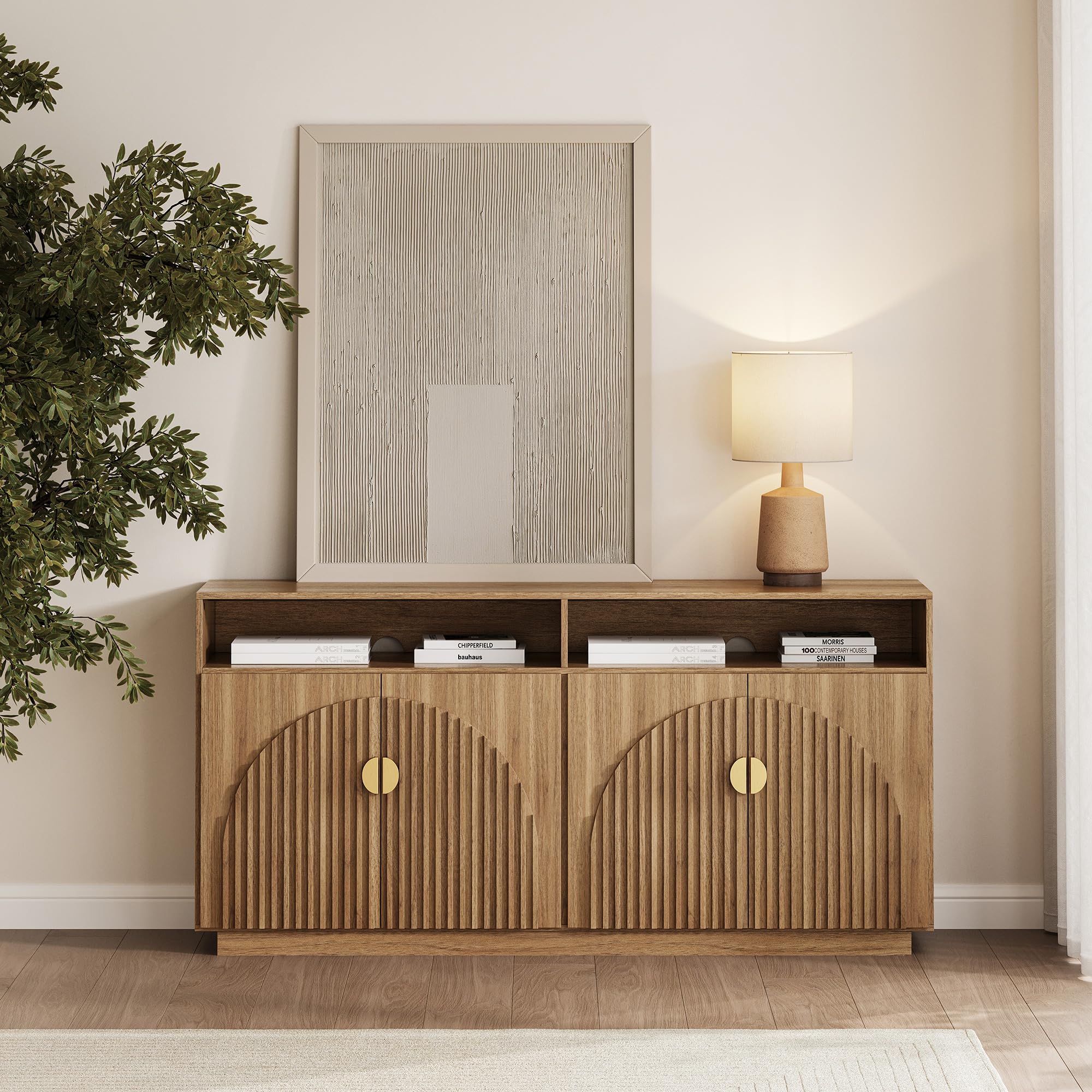 BELLEZE 65 Inch Fluted Buffet Cabinet with Storage, Symmetrical Arc Accent Sideboard Large Console Table for Dining Room, Kitchen, and Living Room (Camel) — view 74