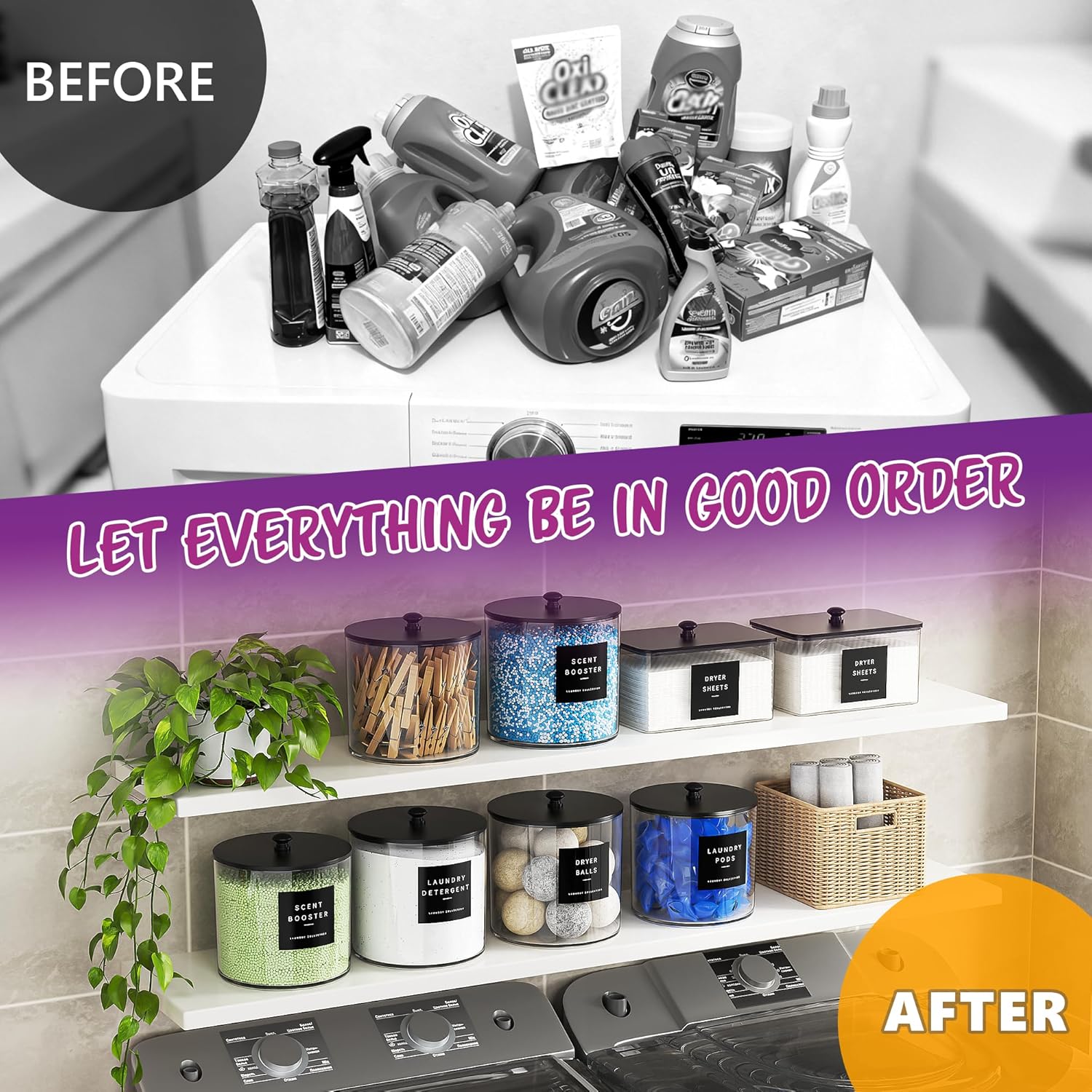 galasily 4 Pack Laundry Pods Container, Clear Laundry Room Organization Containers,Large Acrylic Detergent Powder Storage Containers Black Wooden Lids & Labels, Dryer Sheet Holder