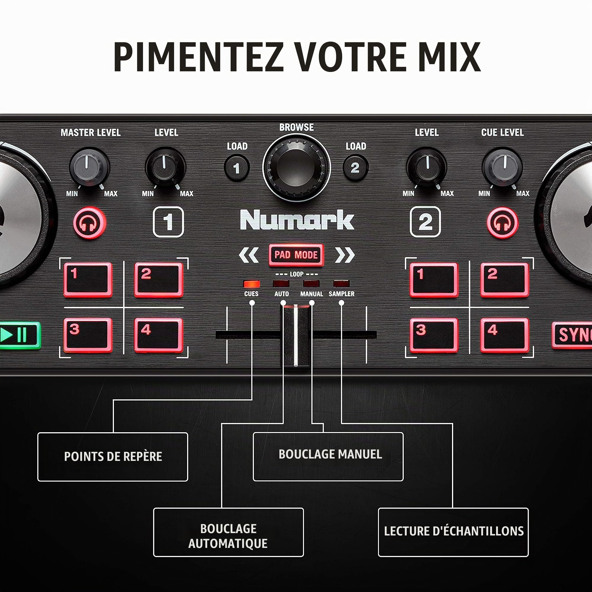 Numark DJ2GO2 Touch et HF125 – Contrôleur DJ USB 2 Decks Compact pour Serato DJ avec Table de Mixage DJ, Carte son Intégrées et Casque Audio DJ Inclus