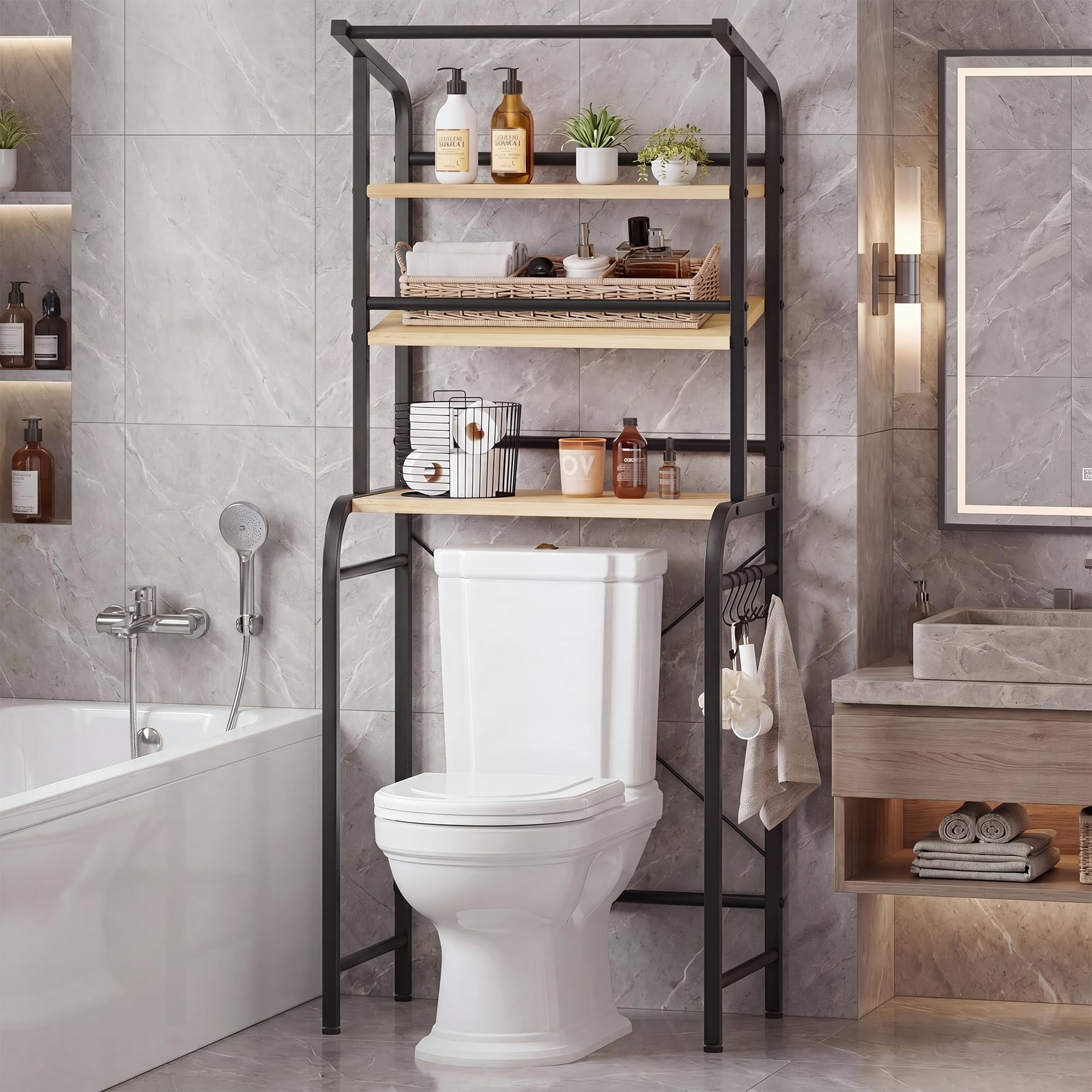 Feonase Waschmaschinenregal,Toilettenregal mit 3 Verstellbarer Ablage,Handtuchhalter,Waschmaschinenschrank für Badezimmer, Küche, Balkon,67x46x168cm (Schwarz)