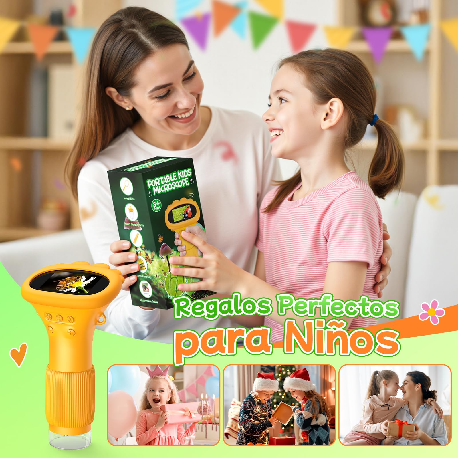 Microscopio Digital para Niños, 1000X Microscopio Portátil con Pantalla IPS 2.0" y 8 Leds, Recargable, Juguete Regalo para Niños de 3-12 Años - Regalo Navidad Niño Halloween