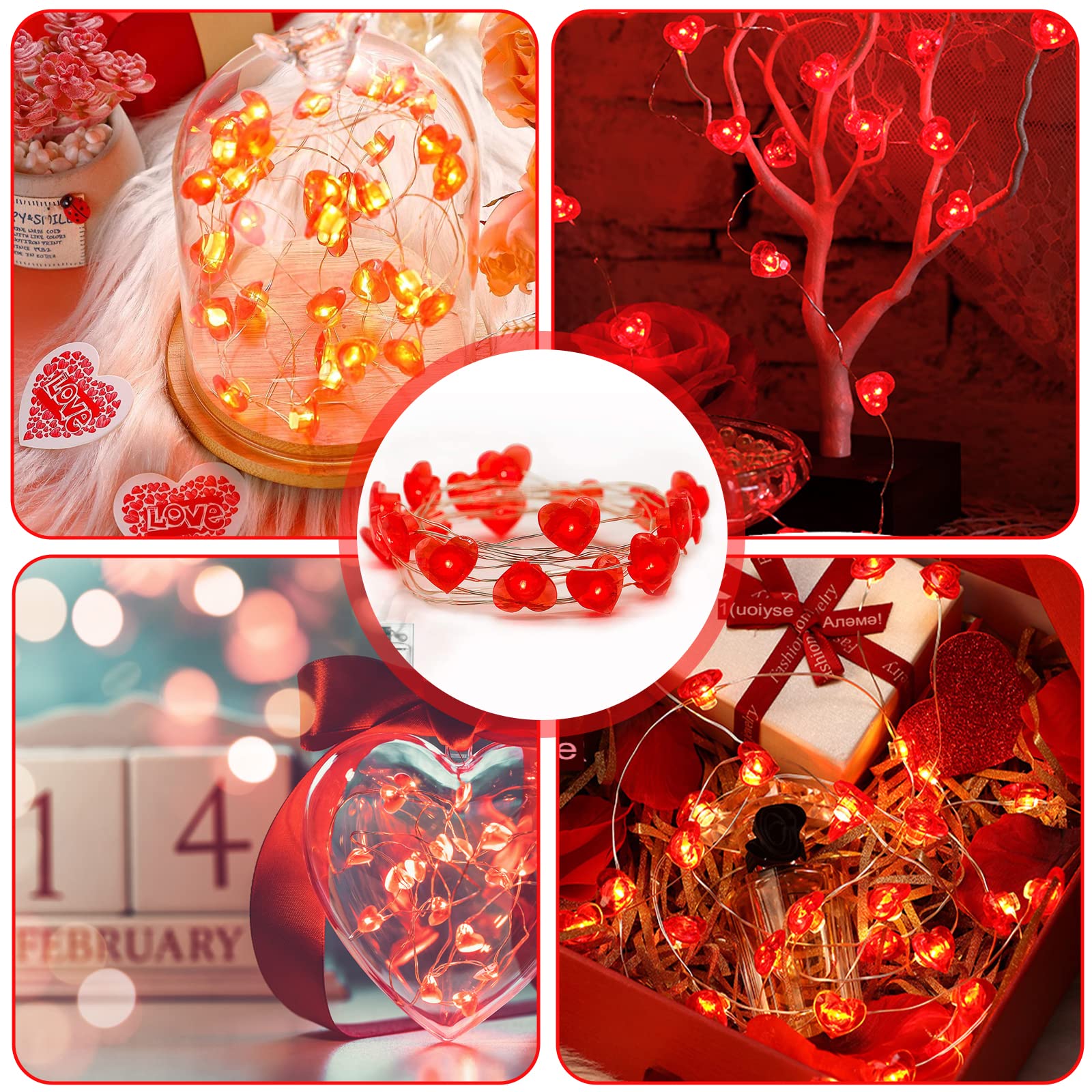 Guirlande Lumineuse Cœur LED USB - Décoration Romantique Pour Chambre, Saint-Valentin, Mariage - Rouge, Ambiance Chaleureuse - 8