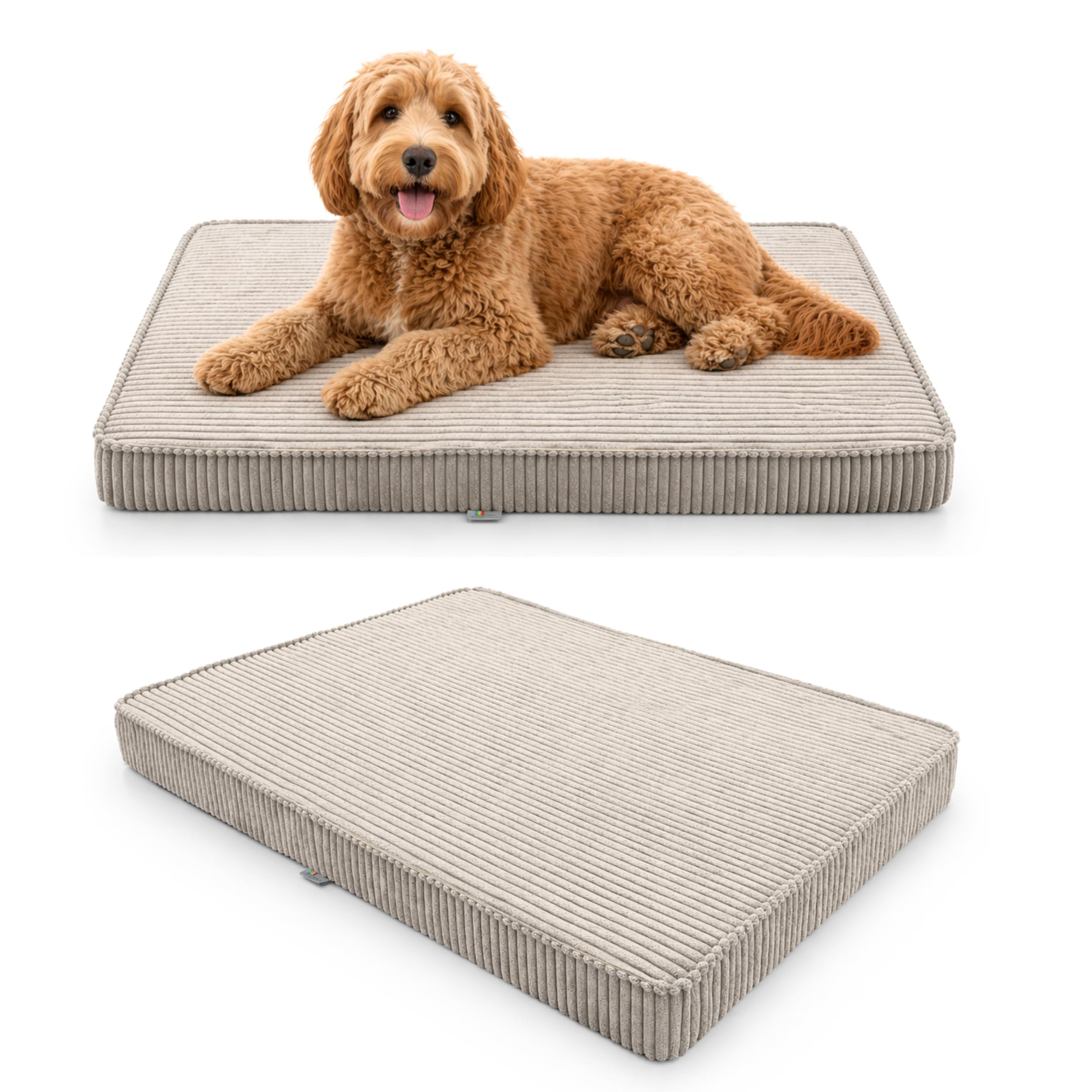 FORTISLINE Hundebett mit abnehmbarem Bezug - Hundematte aus POSO Stoff mit Rutschfester Unterseite und Schaumstofffüllung für Zuhause und Indoor-Kennel (Beige, L: 90 x 60 x 8 cm)